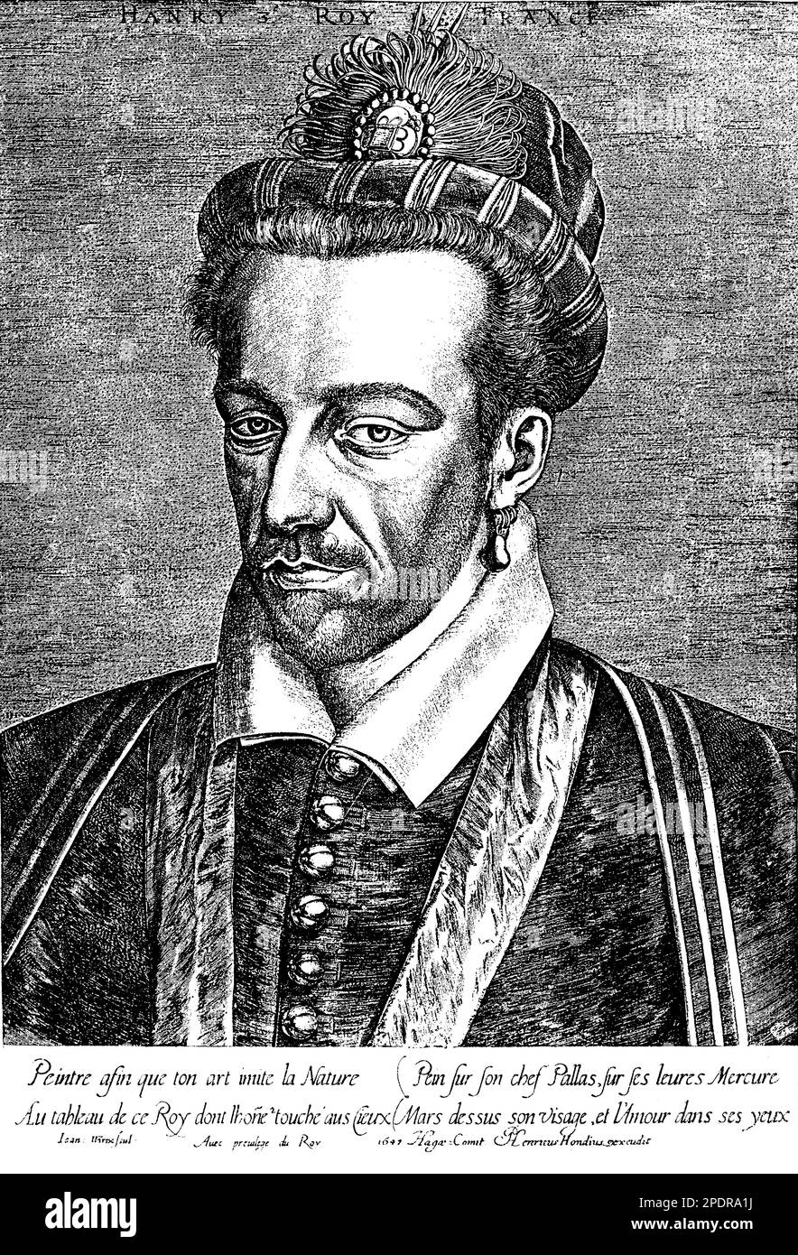 Henry III of France (1551-1589) was the last monarch of the Valois dynasty. His reign was marked by political instability, religious conflicts, and the rise of the powerful Guise family. He was a patron of the arts and fashion, but his lavish lifestyle and perceived indecisiveness made him unpopular. Henry III was assassinated by a fanatical monk in 1589, leading to the ascension of the Bourbon dynasty Stock Photo