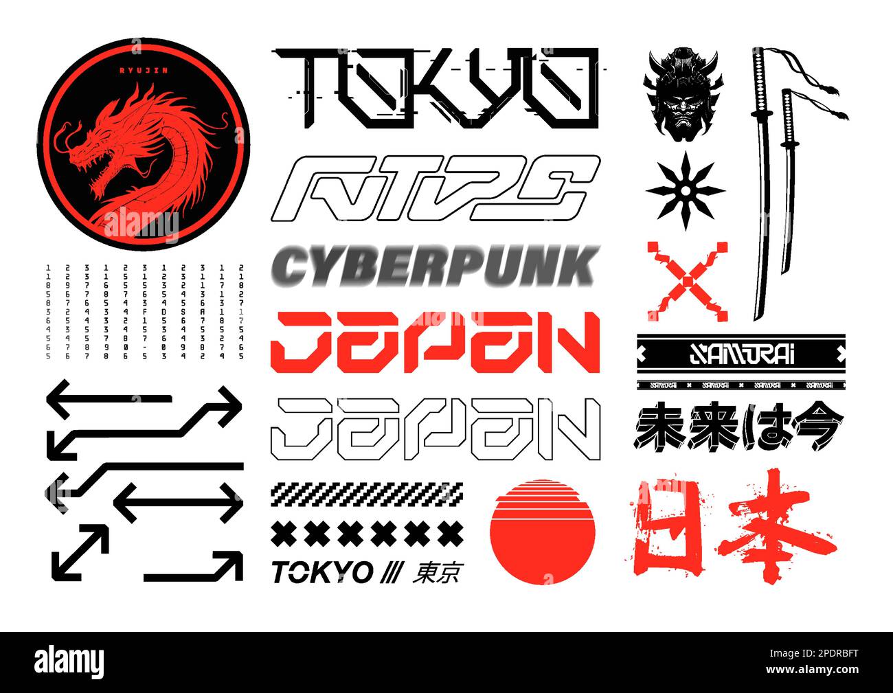 Futuristic and traditional japan streetwear elements for t-shirt, merch Stock Vector