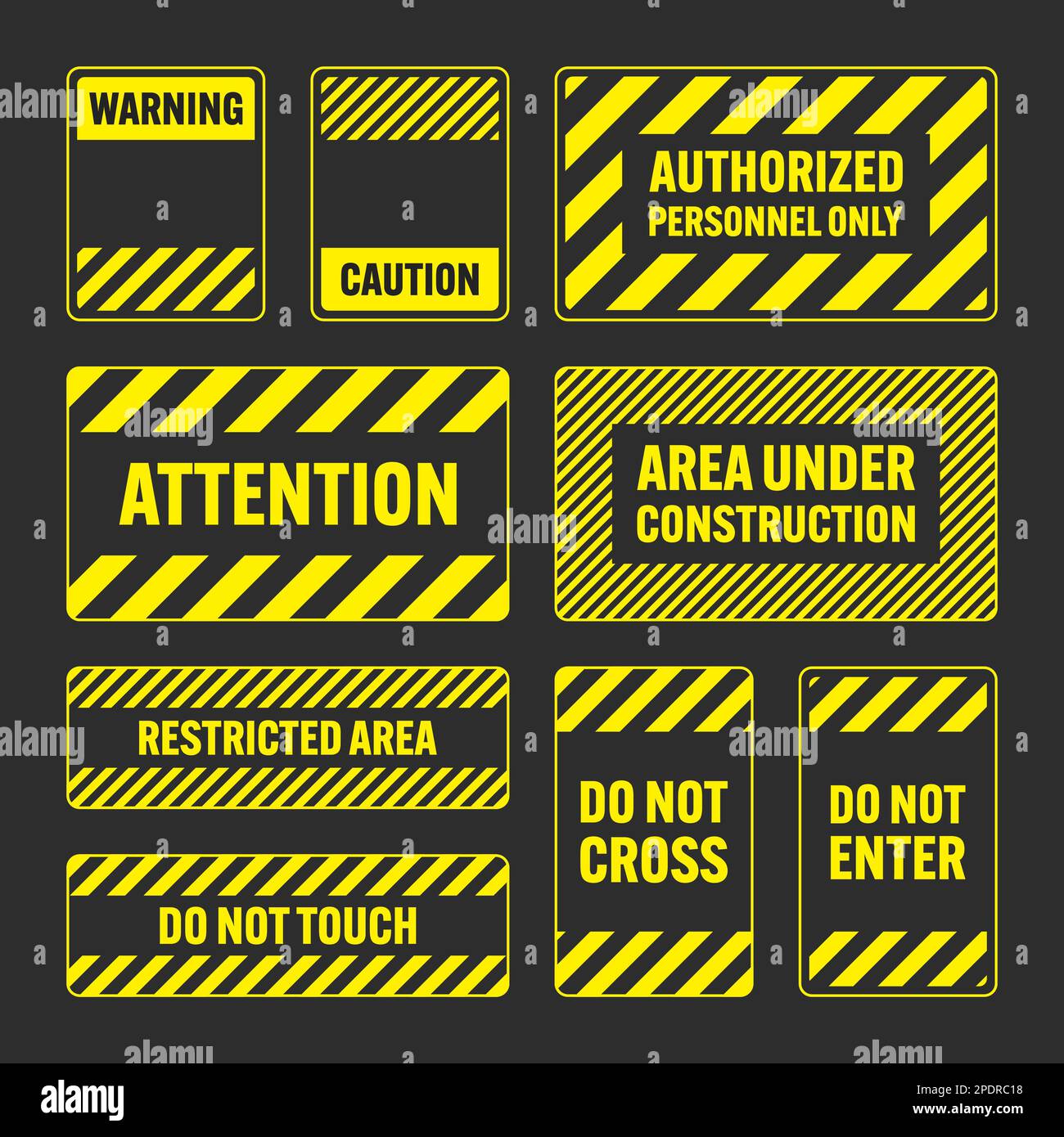 Various yellow warning signs with diagonal lines. Attention, danger or ...