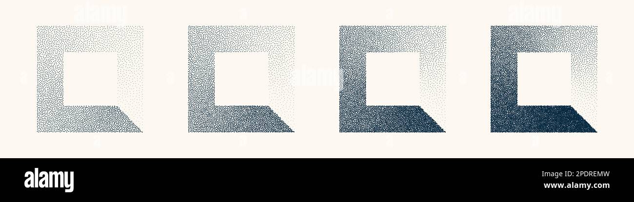 Square shaped dotted objects, vintage stipple elements. Stippling, dotwork drawing shading using dots. Halftone disintegration effect. White noise Stock Vector