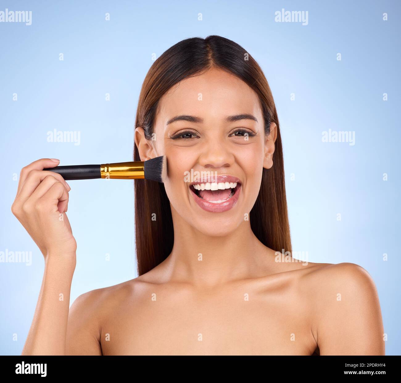 Cosmetic glow, makeup brush on face and black woman with skincare in  studio, cosmetics tool. Skin care, blush and foundation, African beauty  model Stock Photo - Alamy