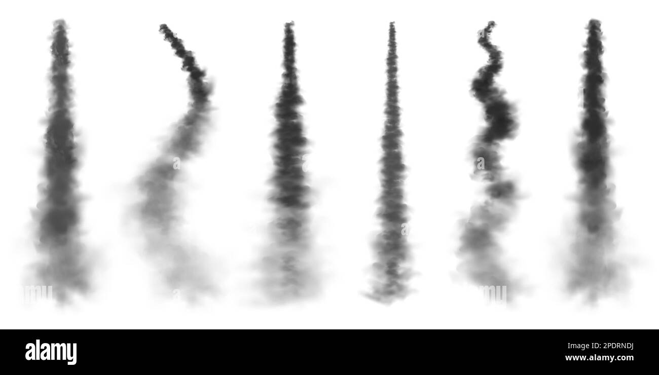 Realistic missile or bullet trail. Airplane condensation trails, jet aircraft tracks. Space rocket launch. Black smoke clouds, explosion. Steam flow Stock Vector