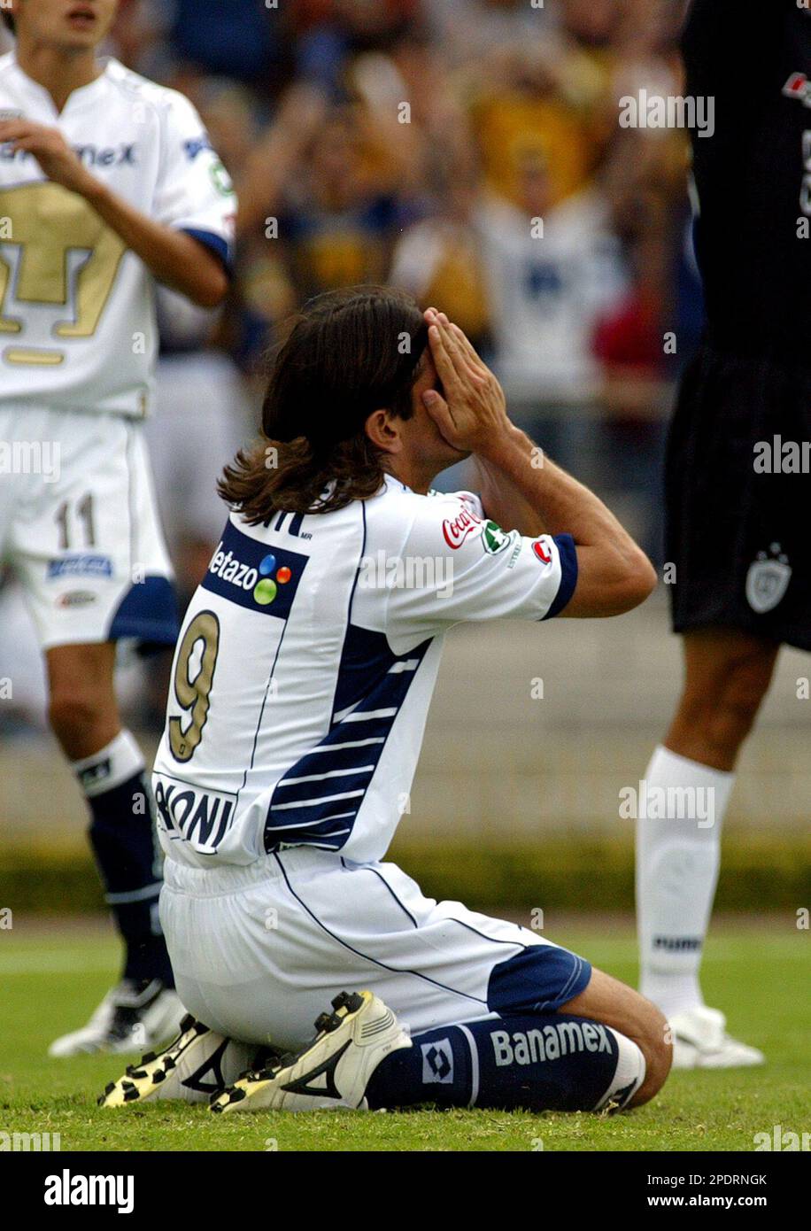 Pumas' Bruno Marioni from Argentina gestures after failed to make a shot  against Pachuca's team at the Universitary stadium in Mexico City, Mexico,  on Saturday Sept.17 2005 during their Mexican first division