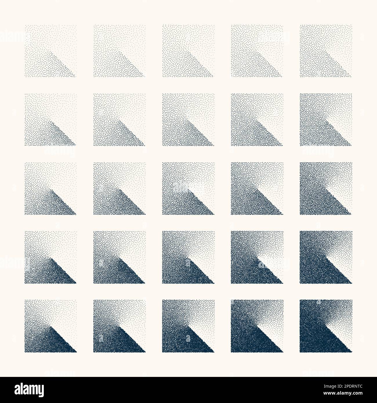 Square shaped dotted objects, vintage stipple elements. Stippling, dotwork drawing shading using dots. Halftone disintegration effect. White noise Stock Vector