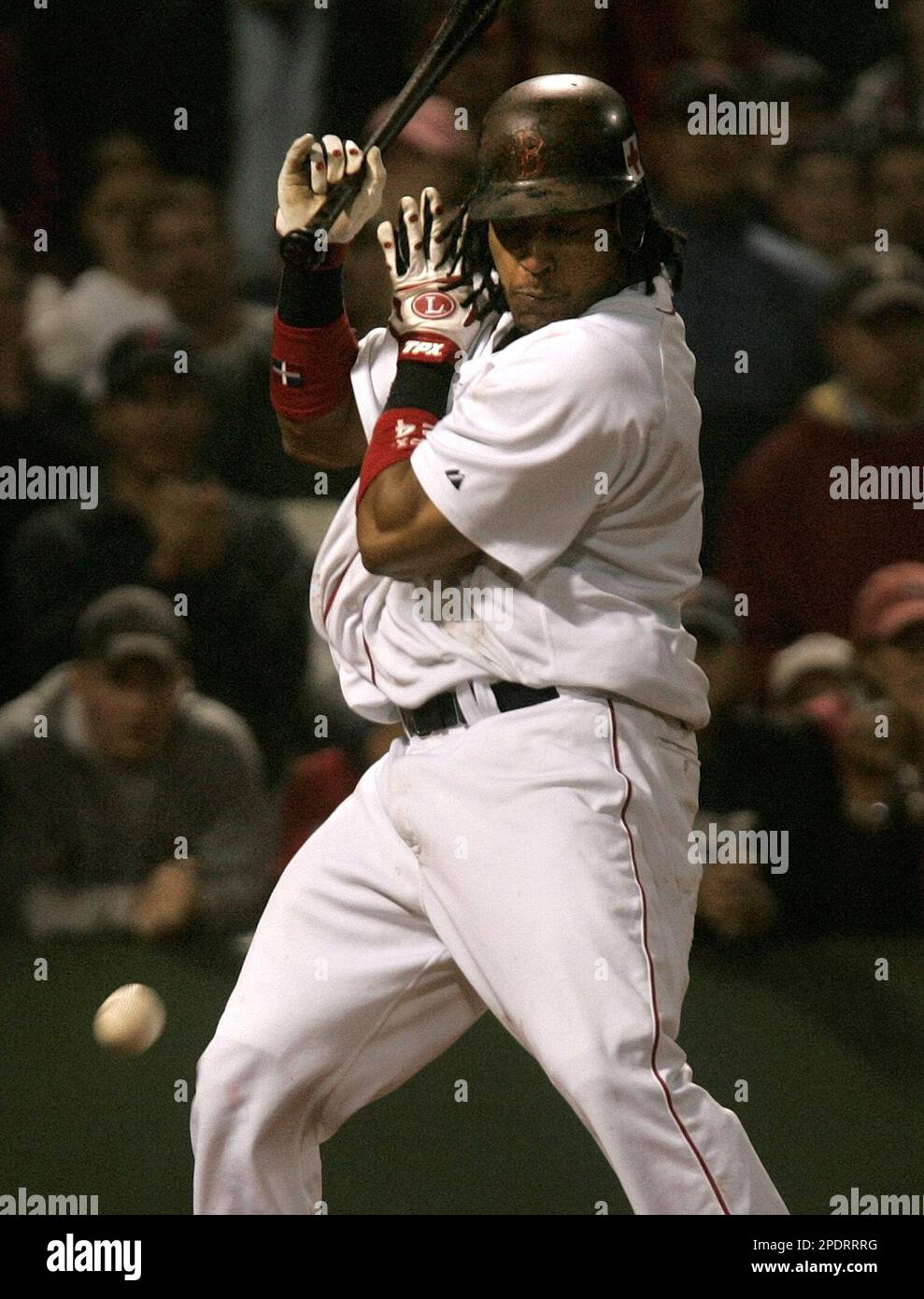 Boston Red Sox' Manny Ramirez is hit by a pitch with bases loaded in the  bottom of the 10th inning by Oakland Athletics pitcher Keiichi Yabu at  Fenway Park in Boston, Friday