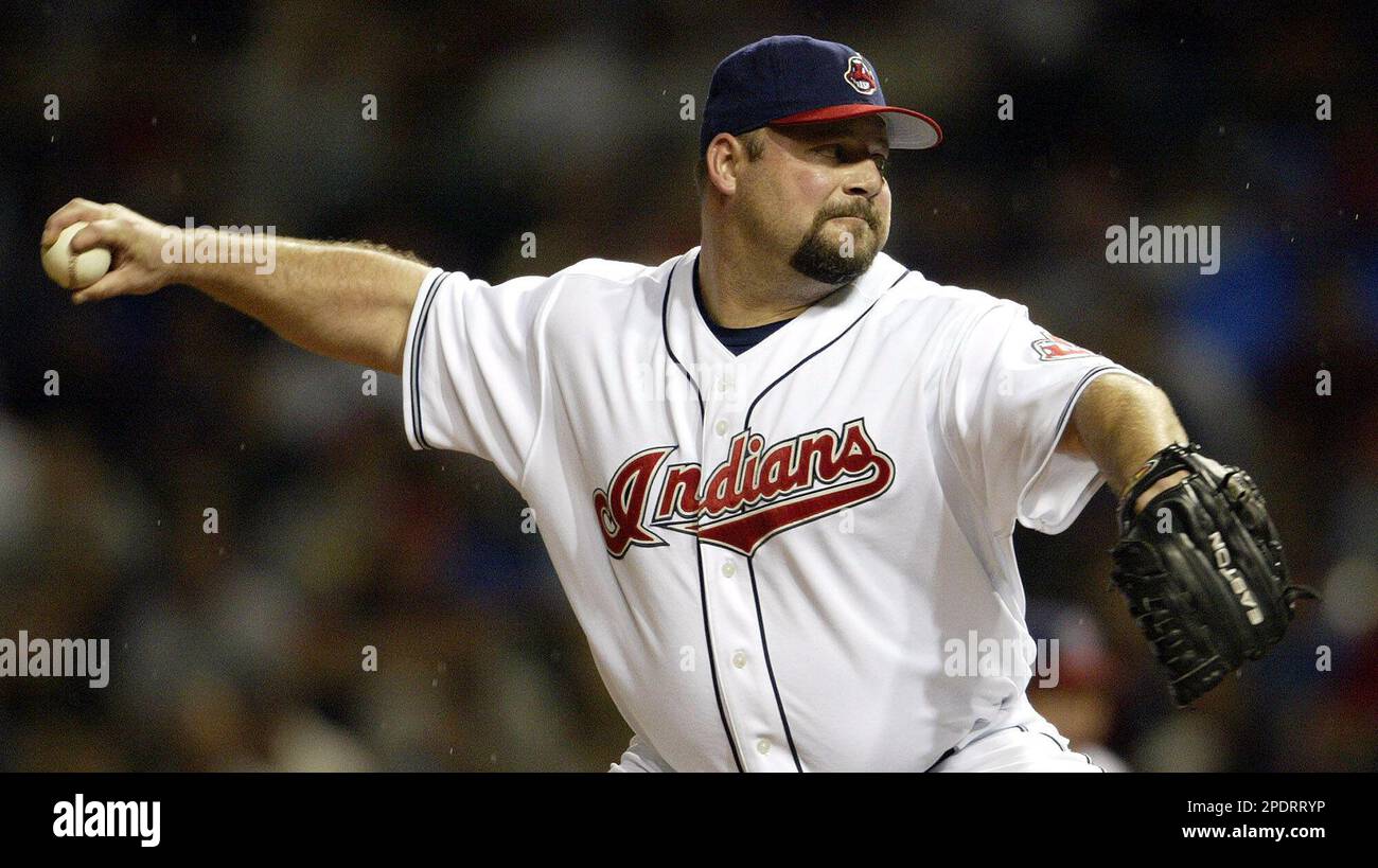 Cleveland Indians' Bob Wickman pitches to Kansas City Royals' Mike Sweeney  in the ninth inning Friday, Sept. 16, 2005, in Cleveland. The Indians won,  3-1. (AP Photo/Ron Schwane Stock Photo - Alamy