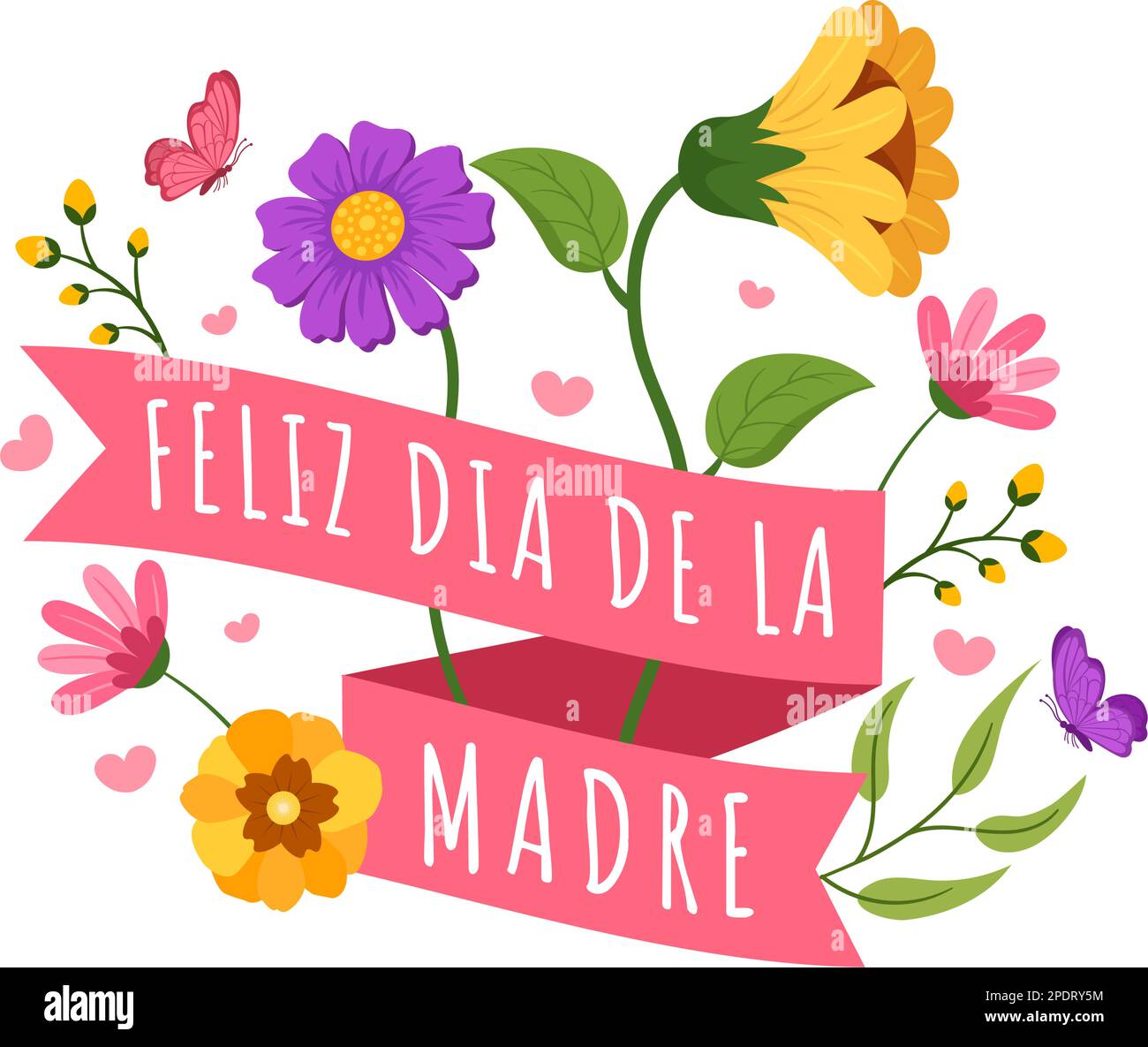 Feliz Dia de la Madre means Happy Mother's Day in Spanish. Pink peony  flowers, wrapped gifts