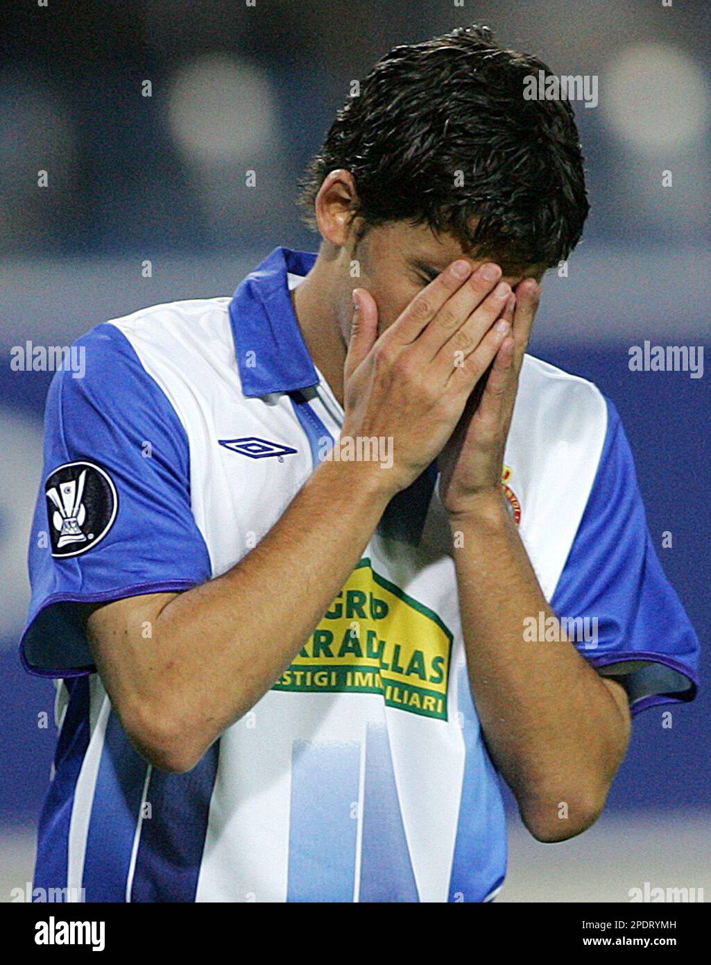Ferran Corominas of Espanyol reacts after missing a shot during the first round first leg UEFA Cup soccer match between Czech team FK and Spanish team Espanyol Barcelona played in Teplice,