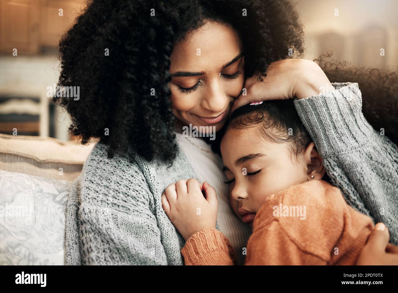 Huging Child Family, love or child hug mother for Mothers Day, home bonding or ...