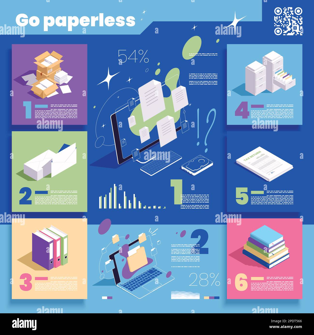 Go paperless concept isometric infographics with paper documents and digital data on color