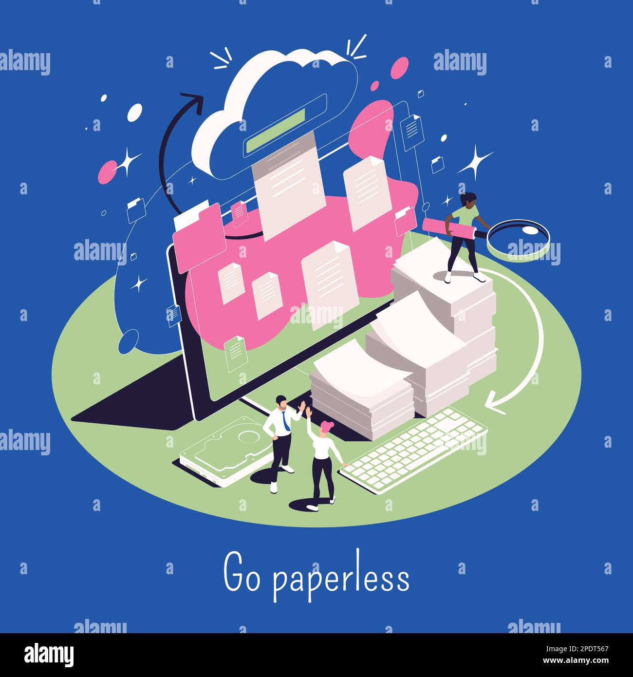 Go paperless isometric concept with cloud storage electronic documents