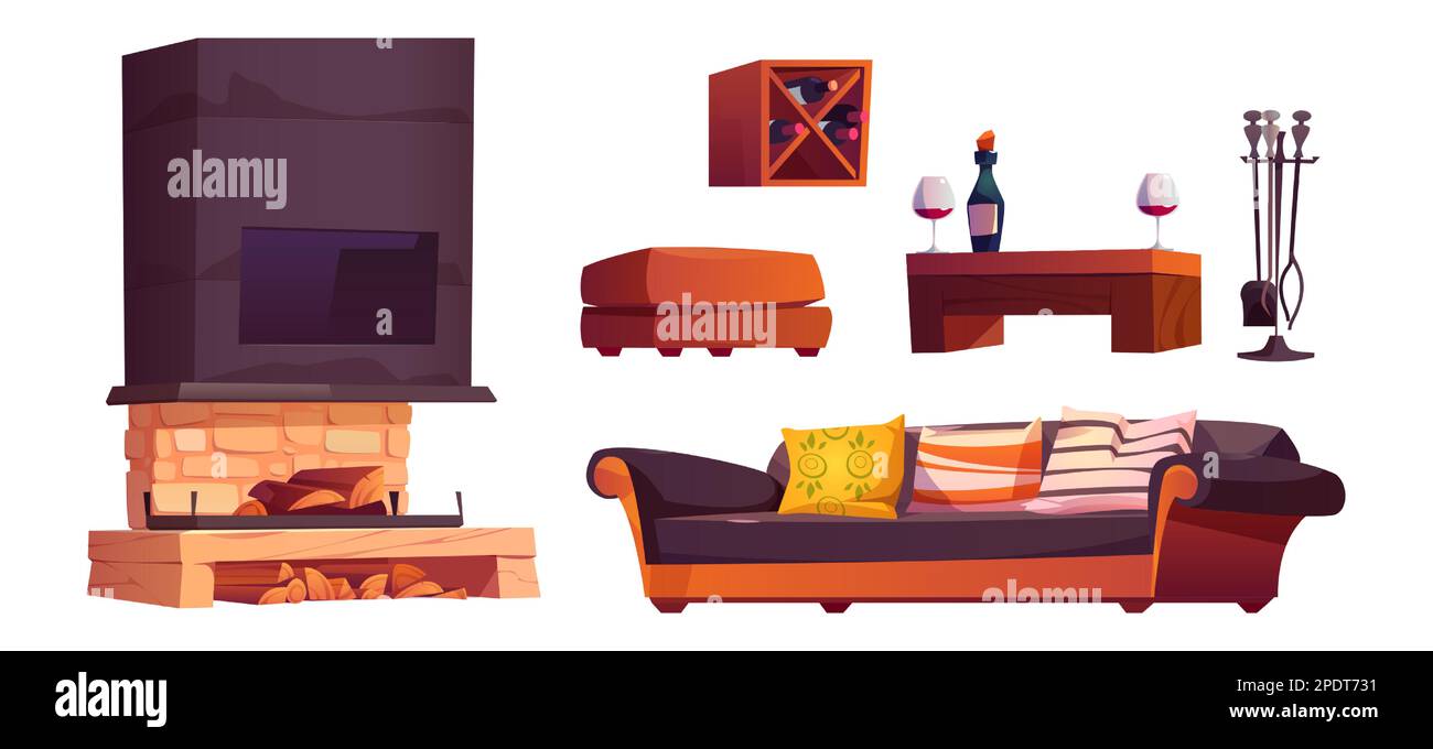 Cartoon set of chalet interior design elements isolated on white background. Vector illustration of fireplace with firewood, vintage couch with colorful cushions, wine bottle and glass on wooden table Stock Vector