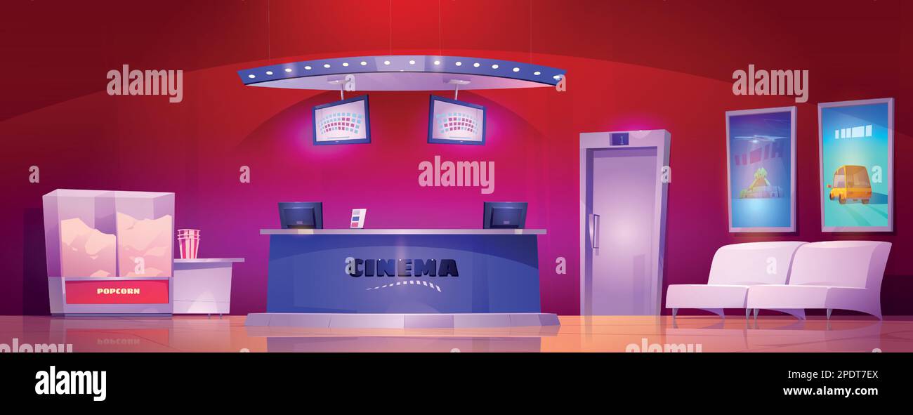 Cinema interior with popcorn machine and ticker counter cartoon