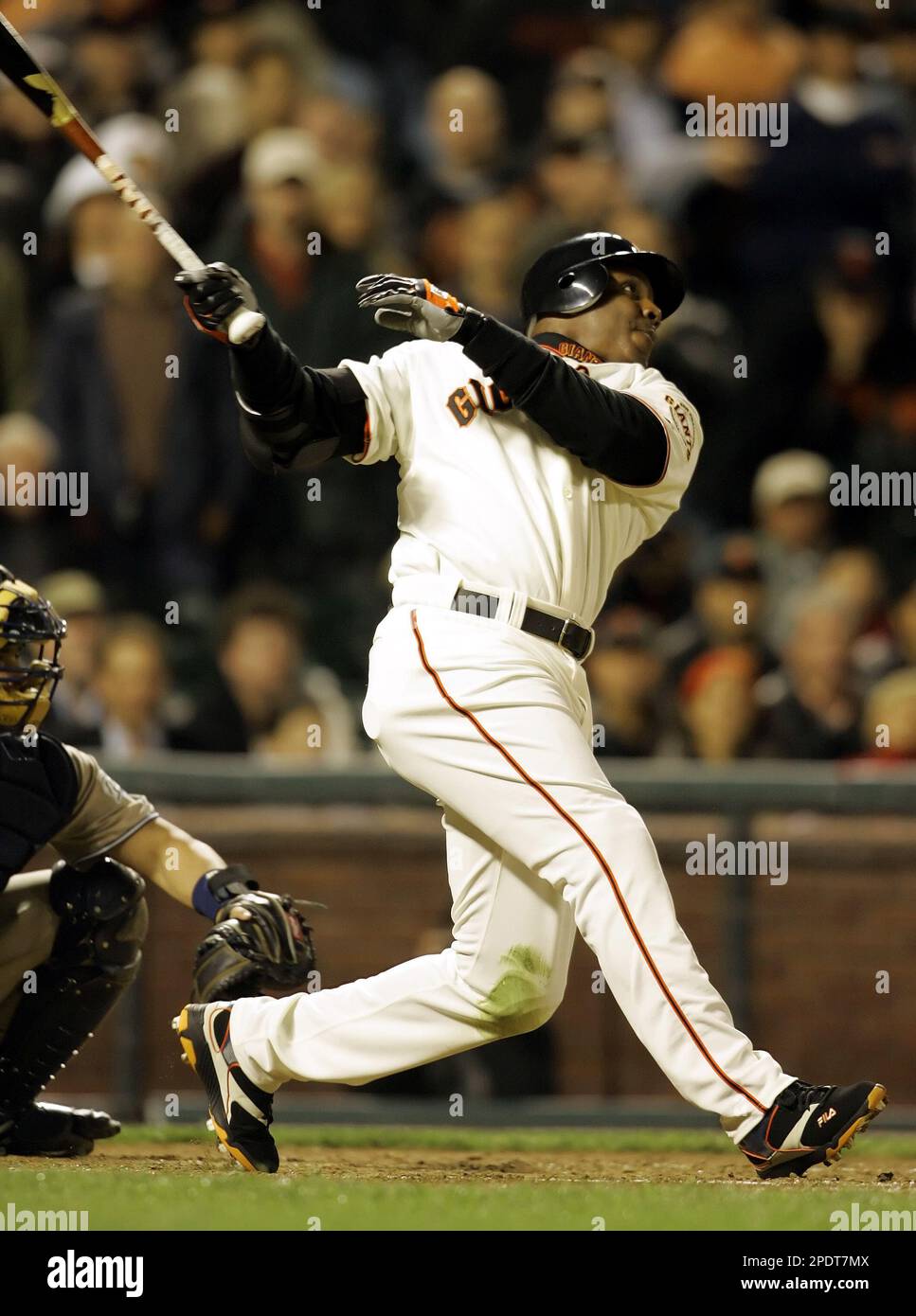 San Francisco Giants' Barry Bonds hits a double off San Diego Padres ...