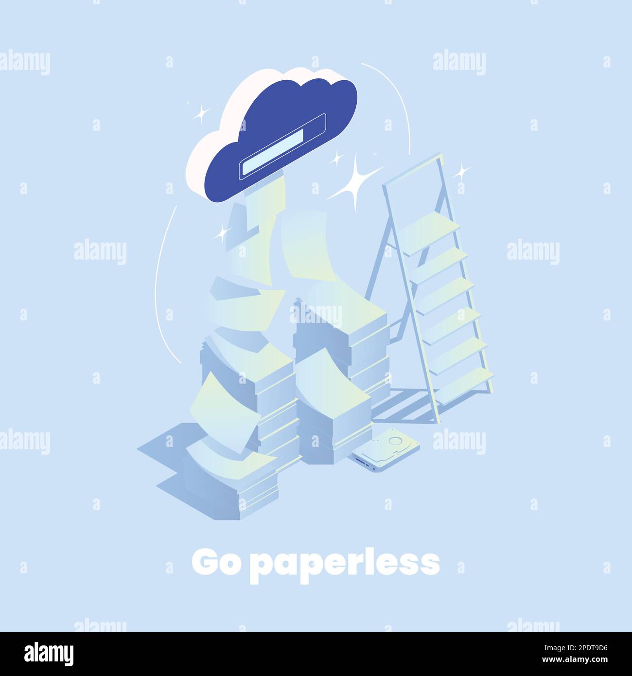 Isometric go paperless concept with cloud file storage and stacks of
