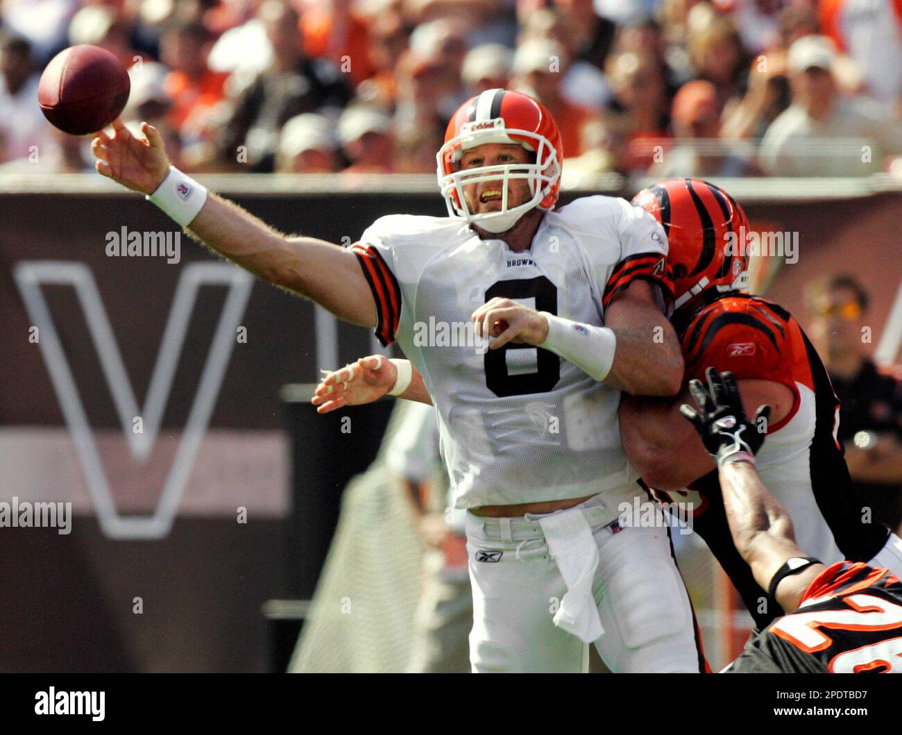 Cleveland Browns quarterback Trent Dilfer (8) looks for a receiver against  the Indianapolis Colts at the RCA Dome in Indianapolis, on September 25,  2005. The Indianapolis Colts defeated the Cleveland Browns 13-6. (