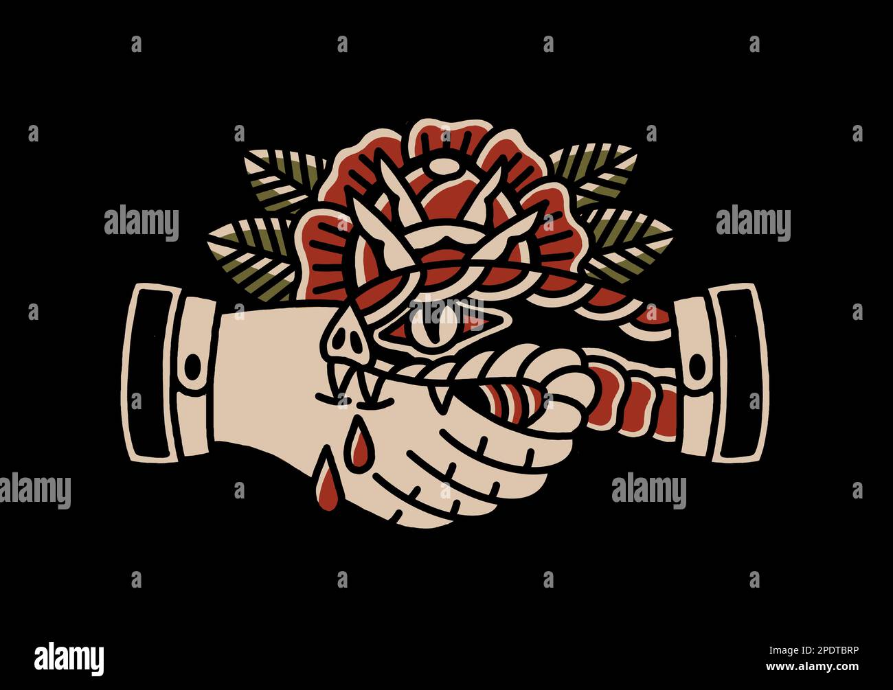 Old school traditional tattoo inspired graphic design handshake with snake bite and rose on black background, Trust no one Stock Photo