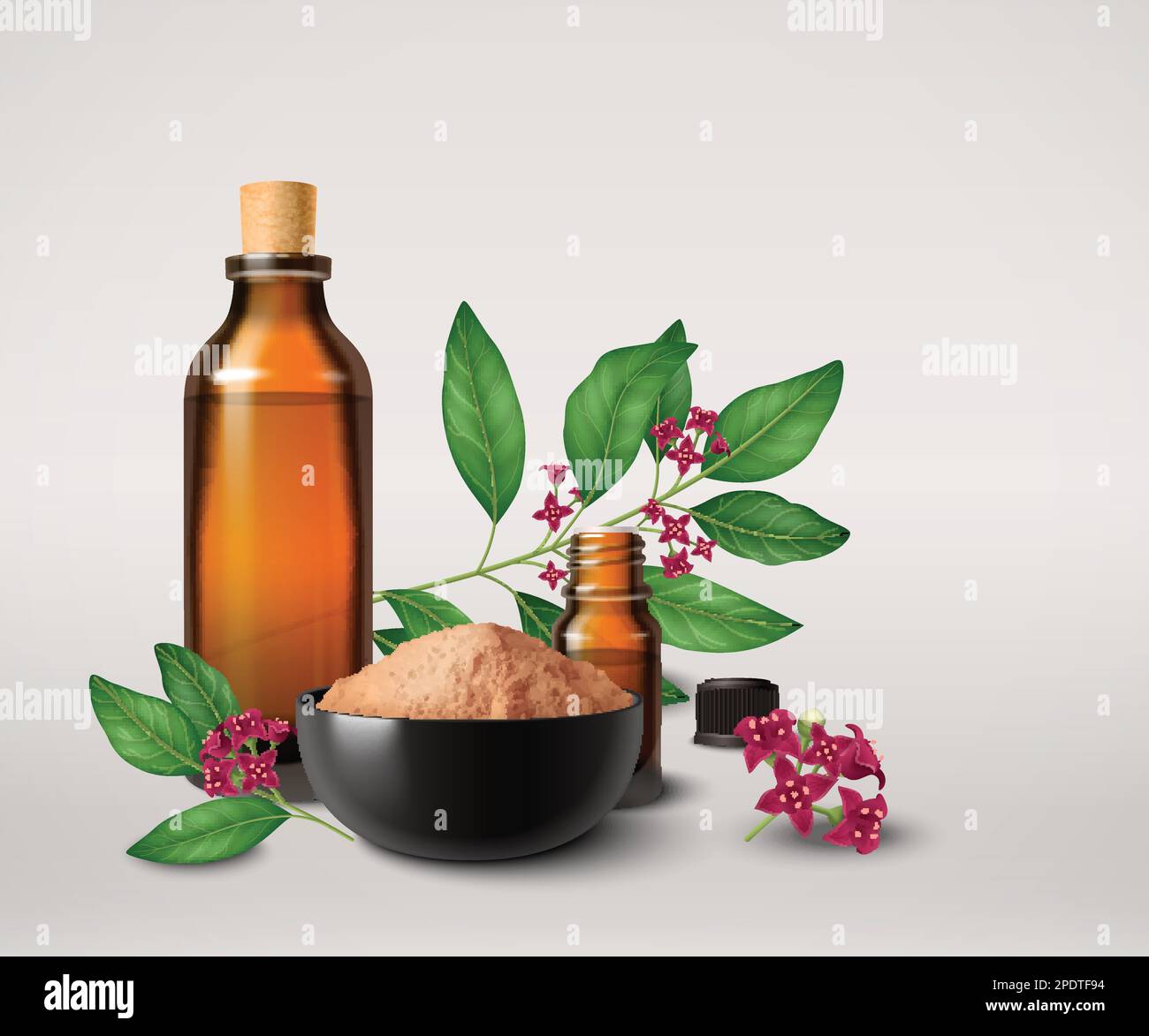 Sandalwood realistic colored composition consisting of bottle with oil ...