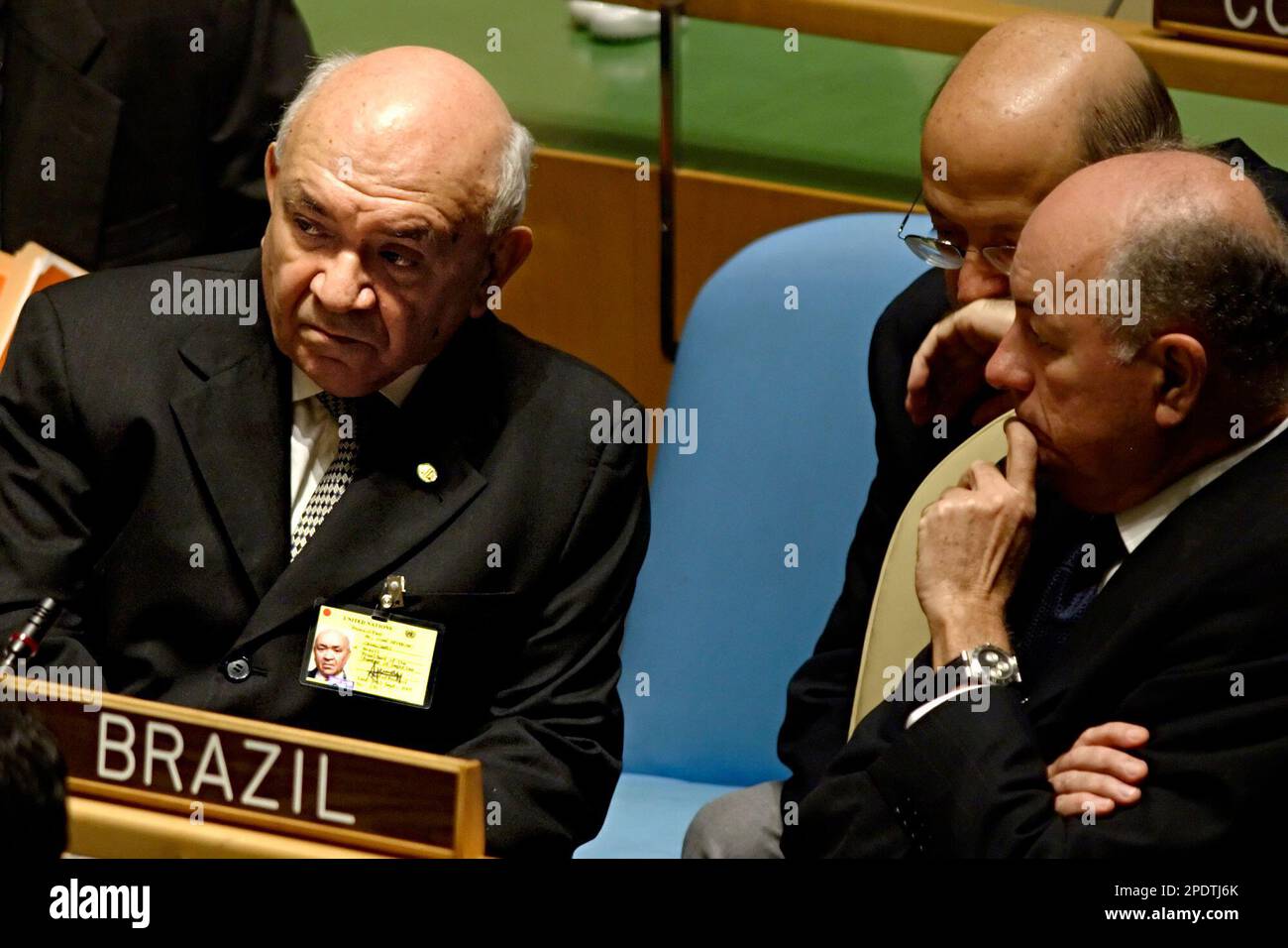 President of the Brazilian Chamber of Deputies Severino Cavalcanti, left,  attends a session of the World Conference of Speakers of Parliaments with  his delegation at the United Nations in New York Friday