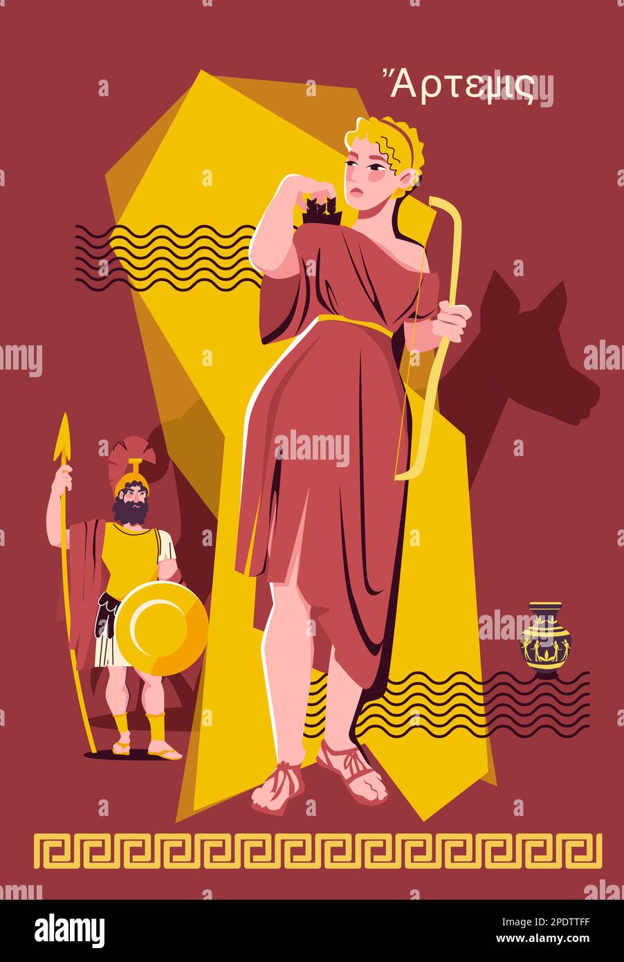 Olympian gods flat collage poster beautiful woman goddess poses in a brown and red outfit behind her stands a greek soldier in a military uniform vect Stock Vector