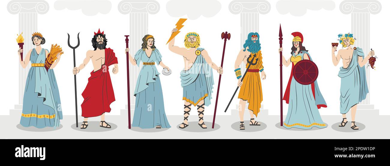 Olympus gods flat color composition with greece mythology characters at background of ancient columns vector illustration Stock Vector