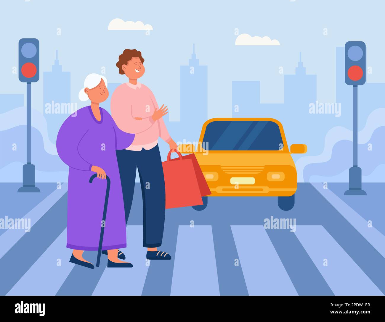 Young man and old lady walking across road in front of car Stock Vector