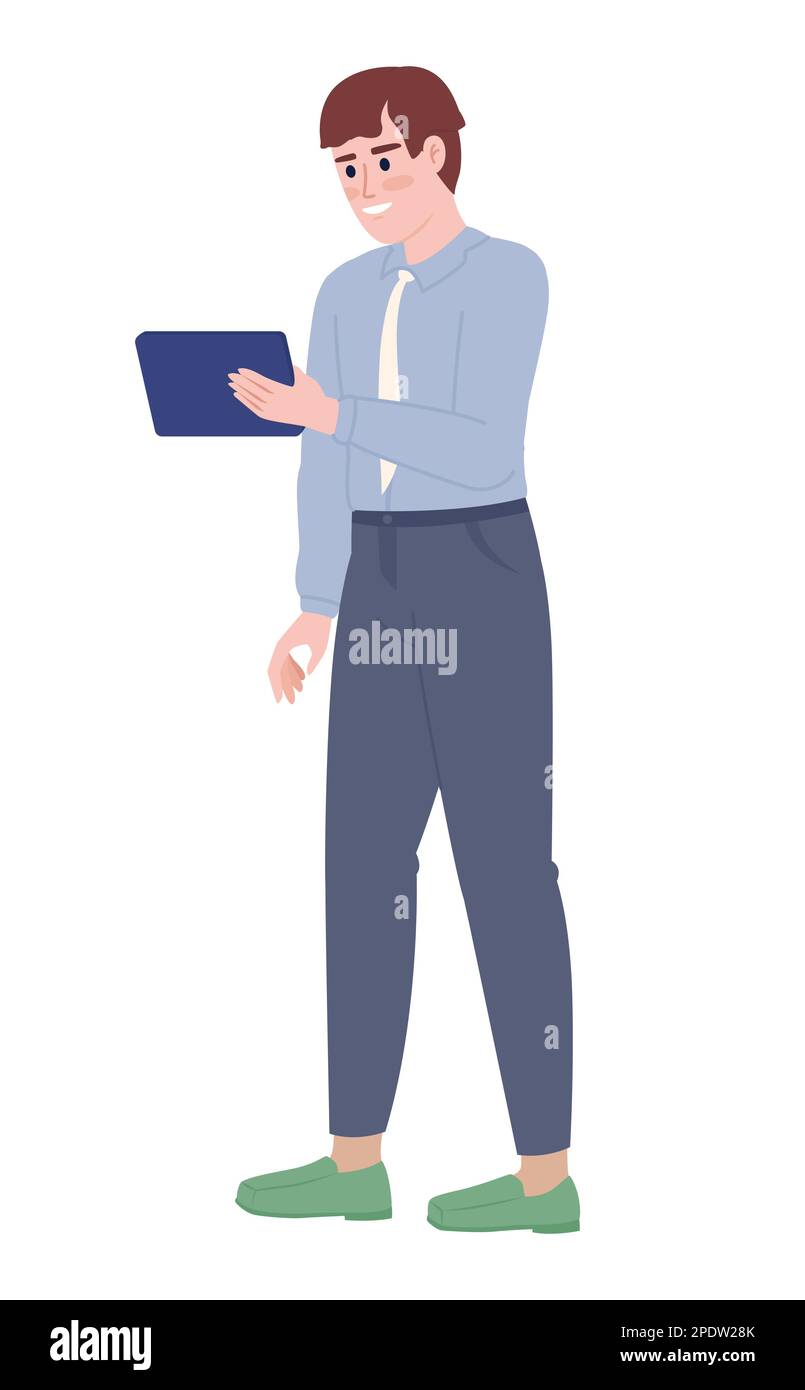 Smiling office manager with tablet semi flat color vector character Stock Vector