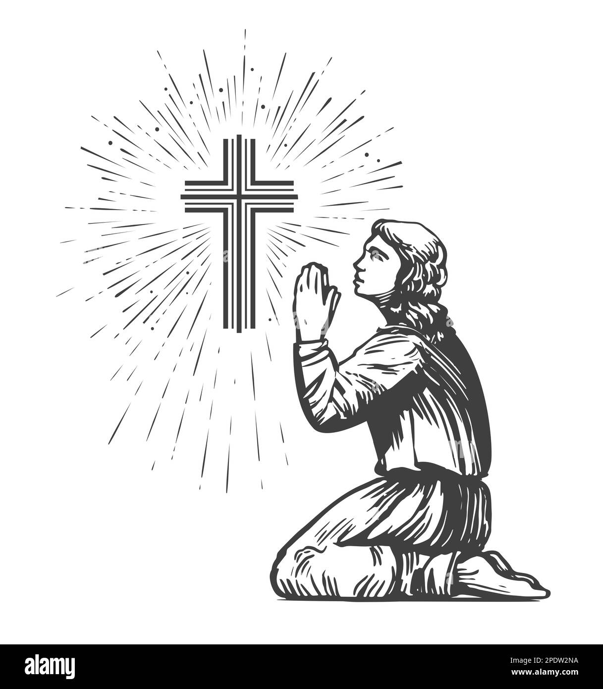 Praise of God. Shining cross, symbol of faith, worship. Man praying on his knees in vintage engraving style Stock Photo