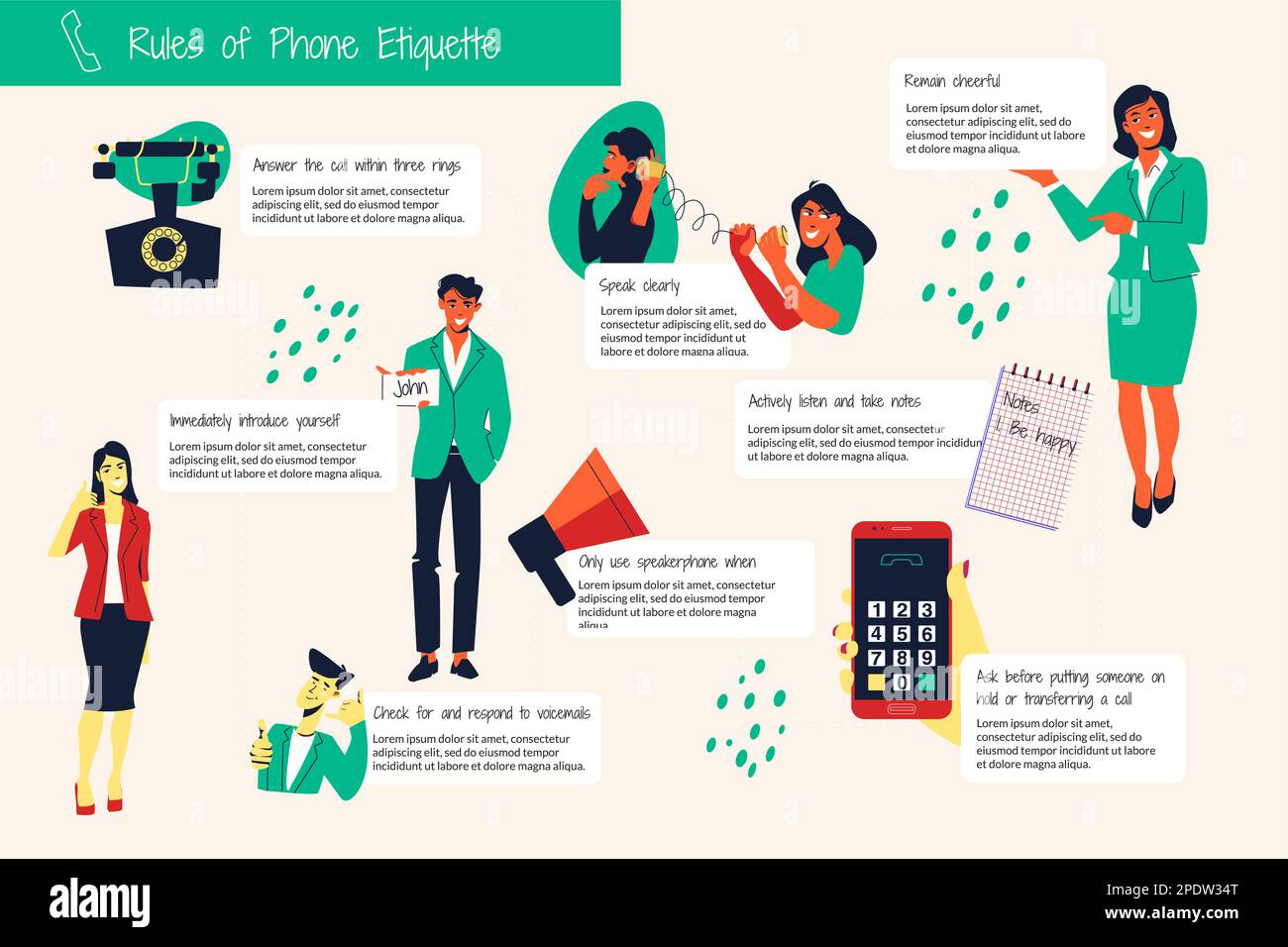 Call me phone flat infographic with rules of phone etiquette and