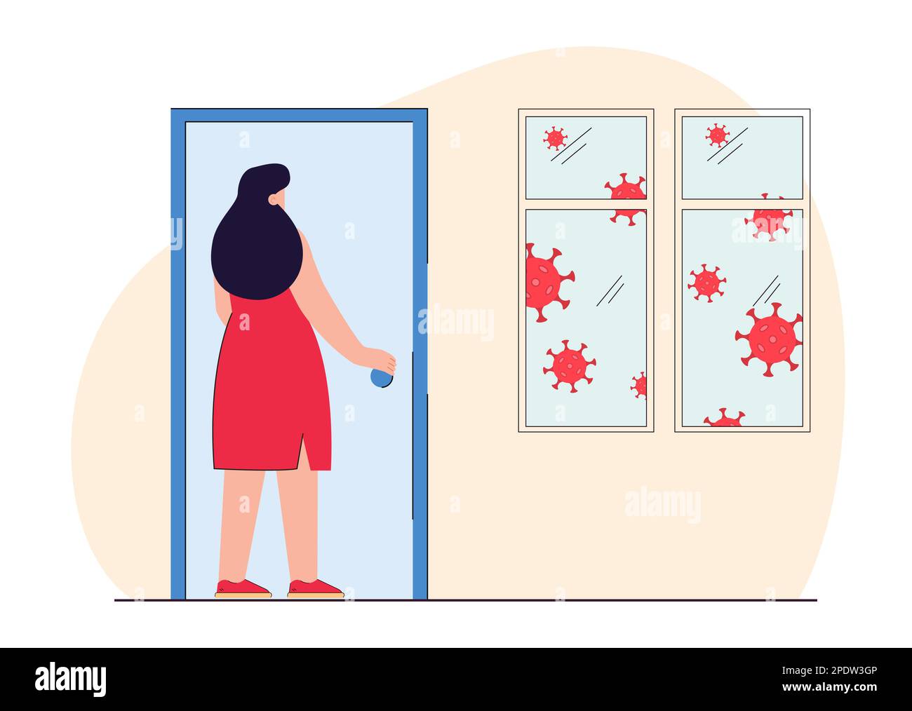 Virus in window and back view of woman holding doorknob Stock Vector