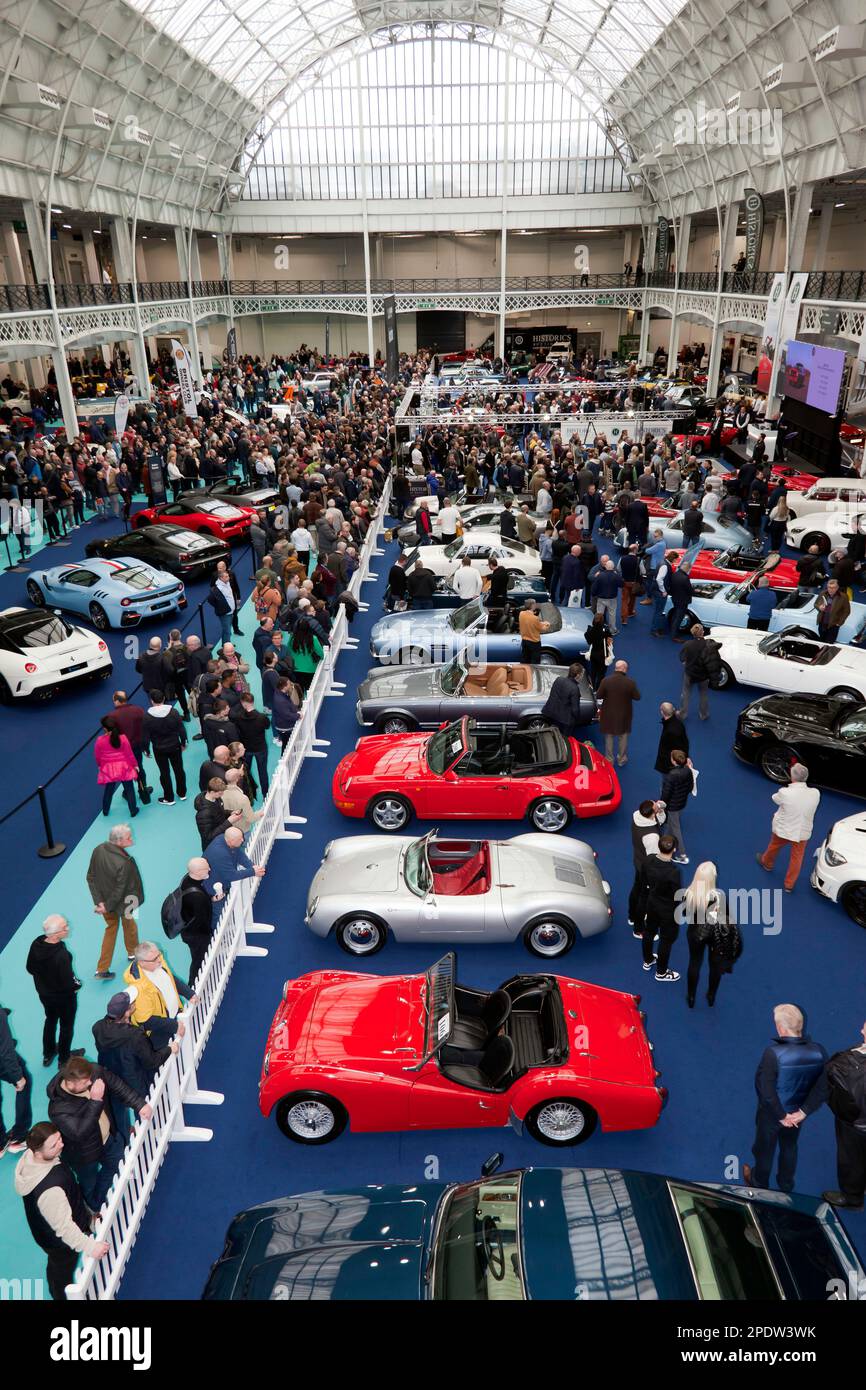 Aerial view of the Historics Auction Area, at the 2023 London Classic Car Show, Olympia, London Stock Photo