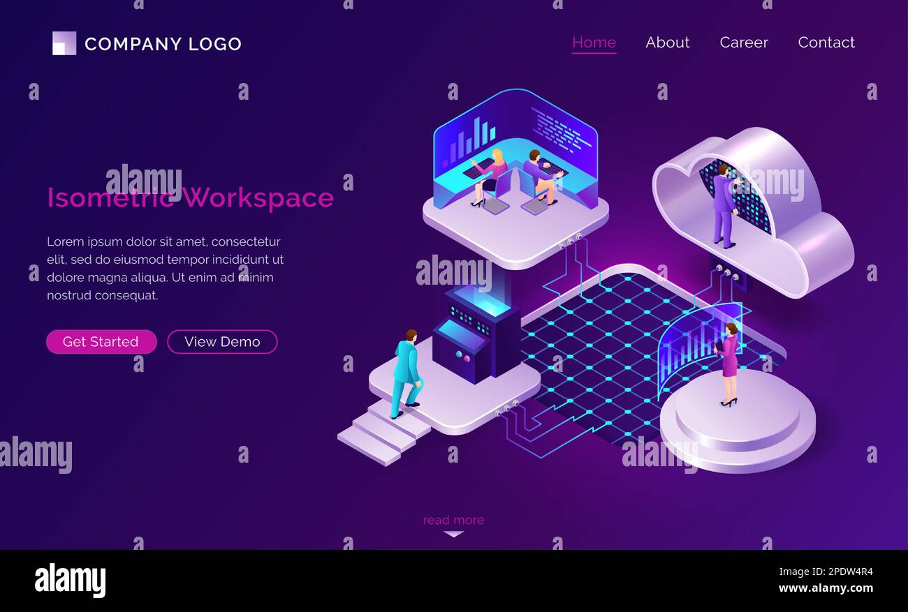 Working space isometric futuristic concept vector. Modern coworking office with employee, large