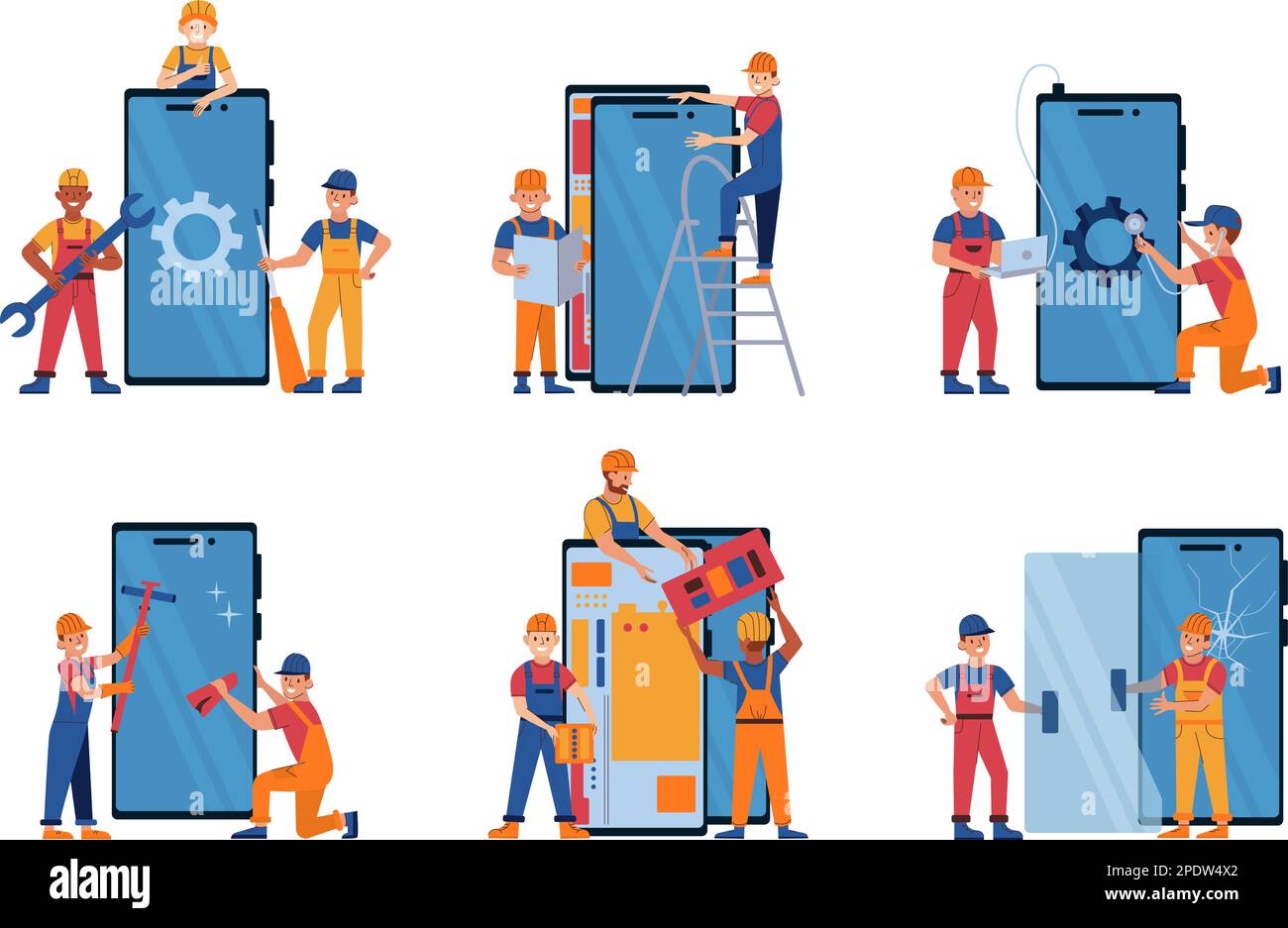 Phone repair service flat set with smiling tech support engineers ...