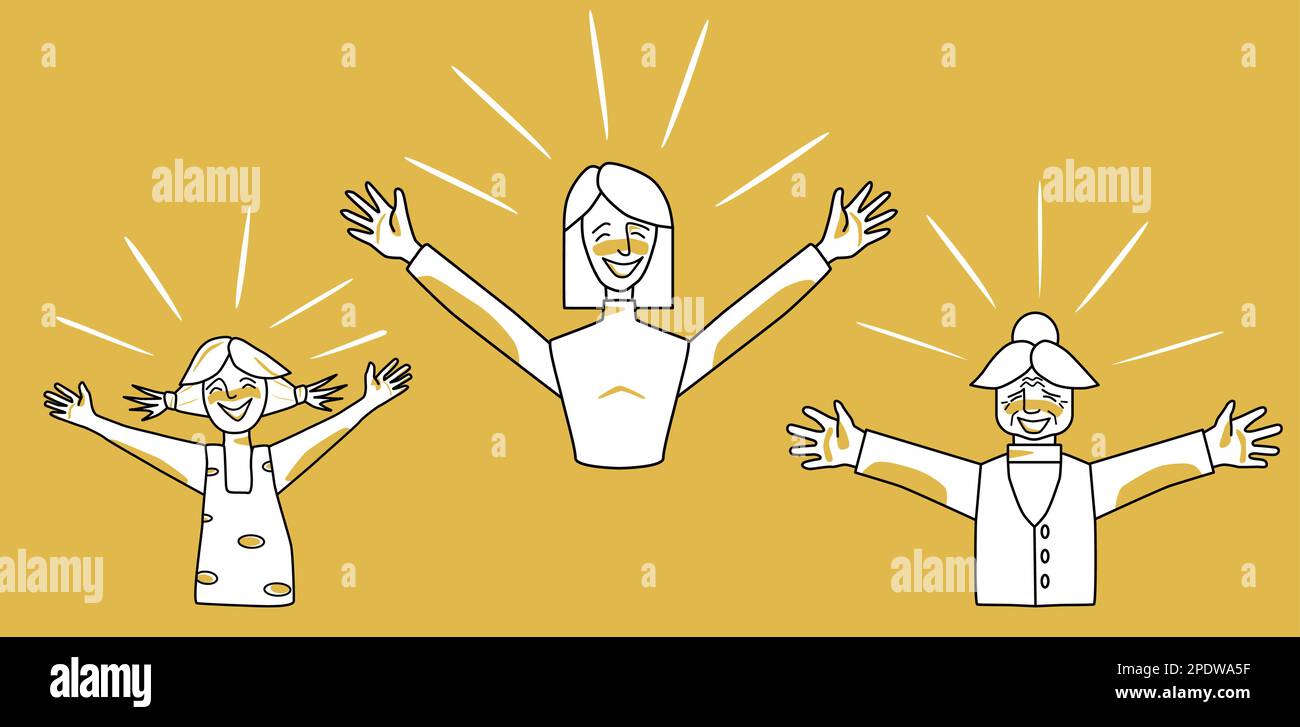 Happy female set. Young, adult and old women with emotion of happiness, smiling, open arms, joyful sun rays. Orange and white colors, line art drawing Stock Vector
