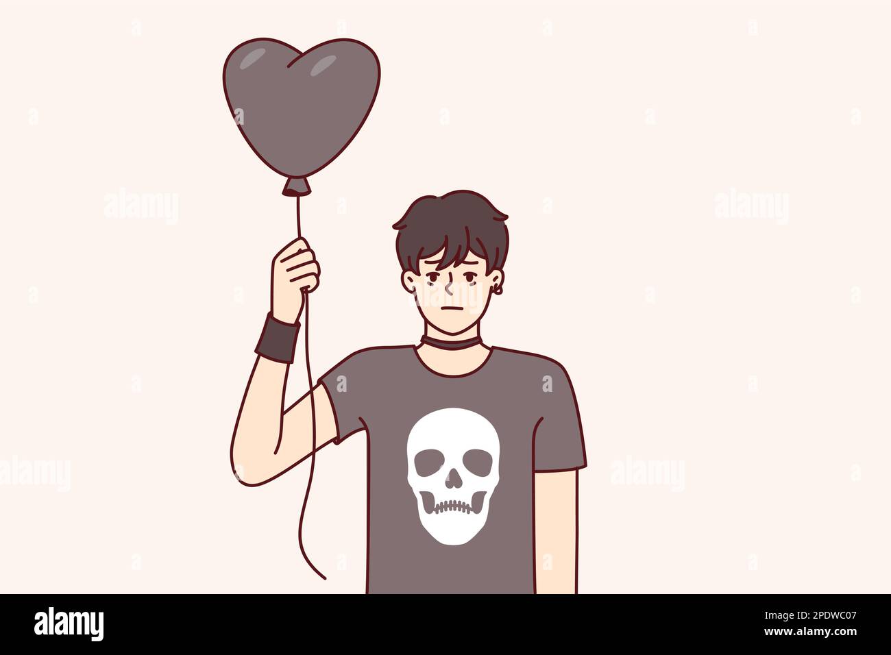 Guy teenager in goth clothes holds black balloon in form of heart for girl he likes from school. Emotionless boy in black t-shirt with skull is fan of informal association of goth subculture  Stock Vector