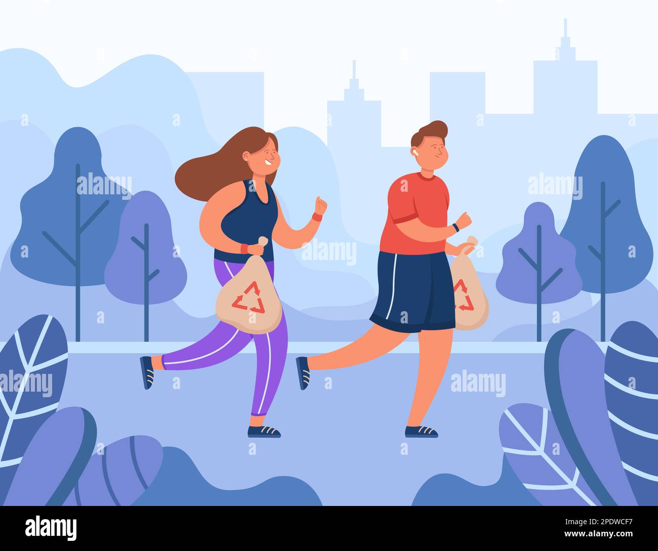 Couple jogging with garbage bag in park flat vector illustration Stock