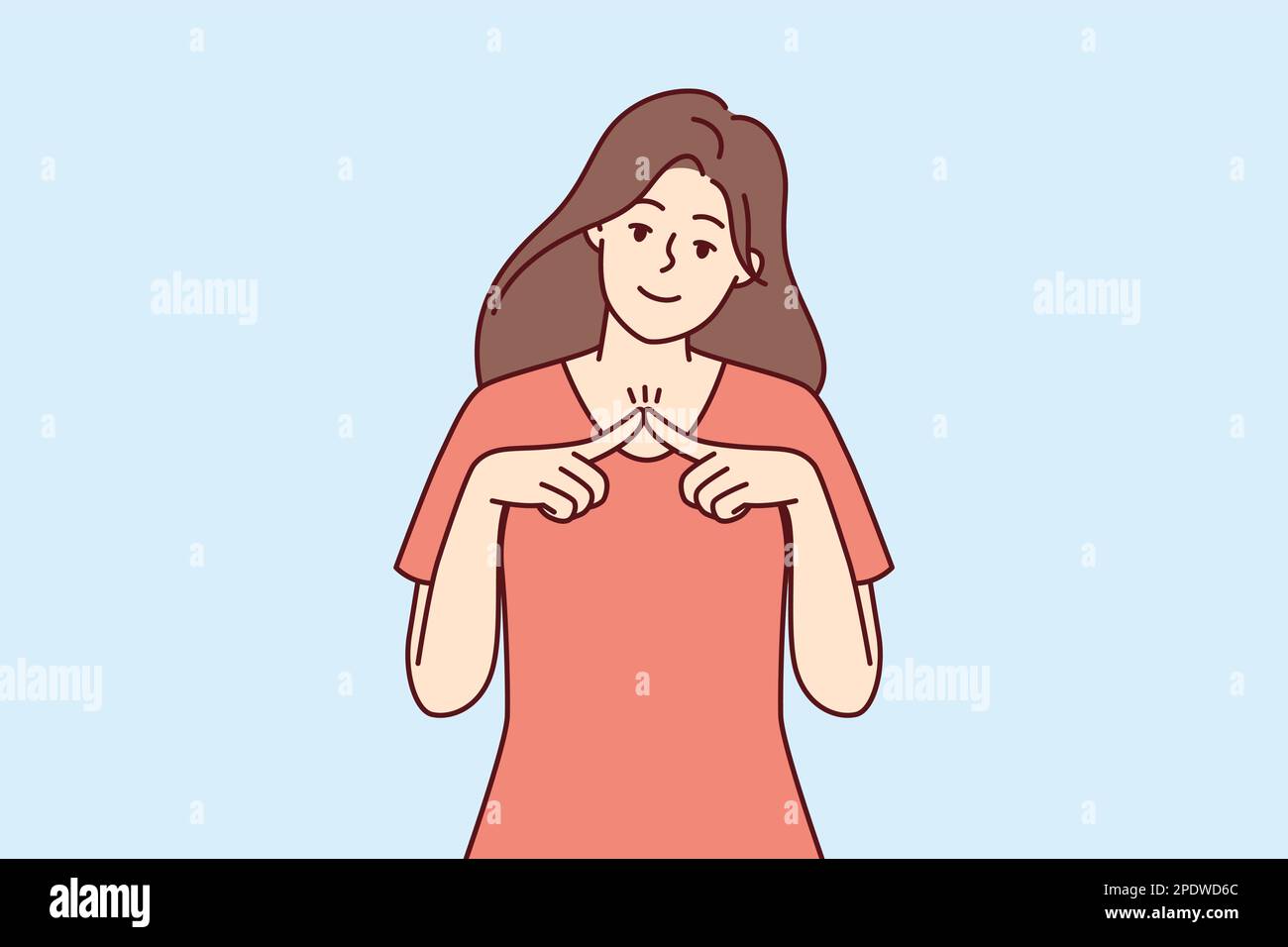 Shy girl looks at camera and joins fingers in front of chest, wanting to seduce guy. Modest young woman dressed in casual t-shirt shyly tries to flirt and attract attention of interlocutor  Stock Vector