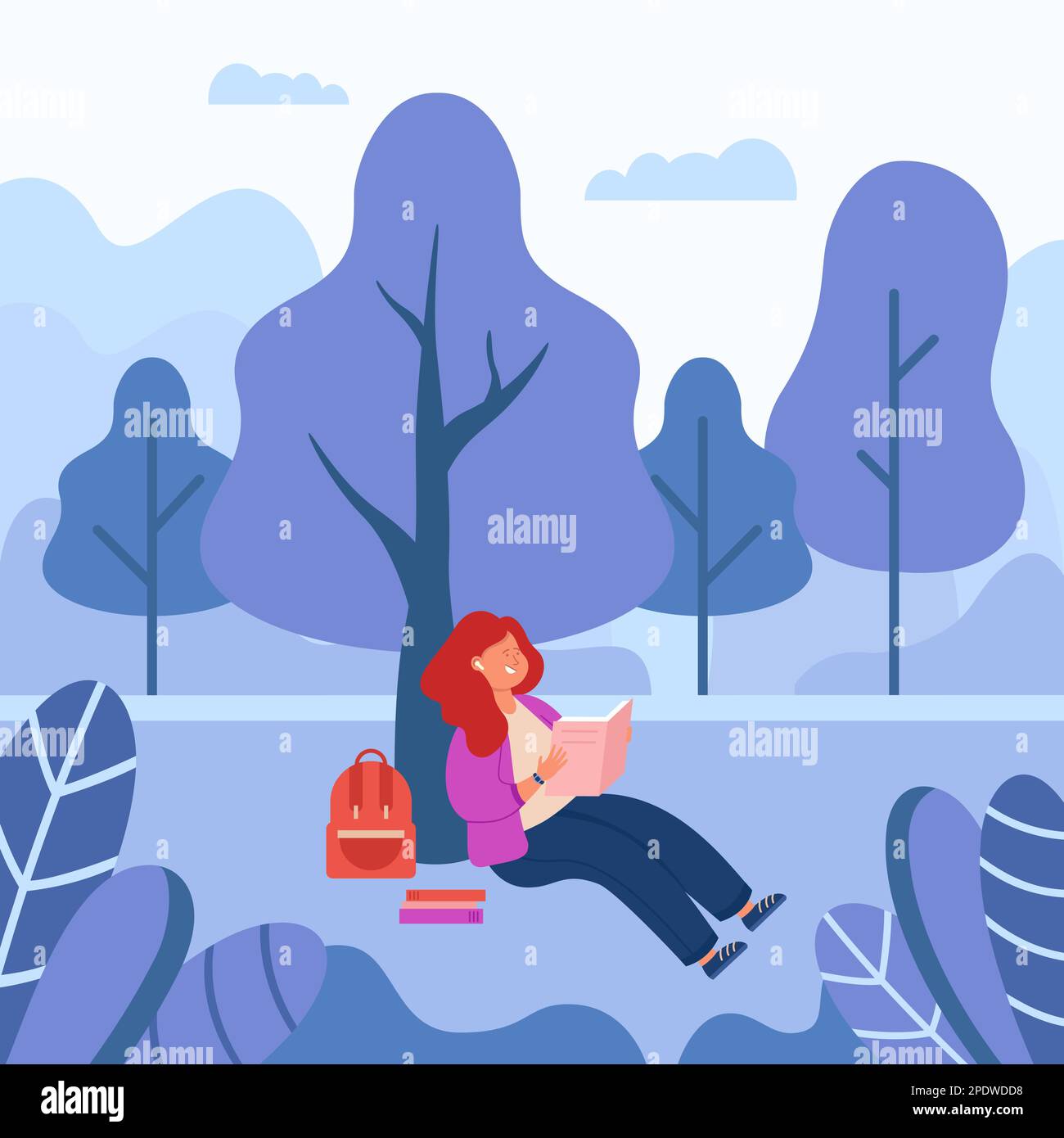 Girl reading book under tree in park flat vector illustration Stock ...