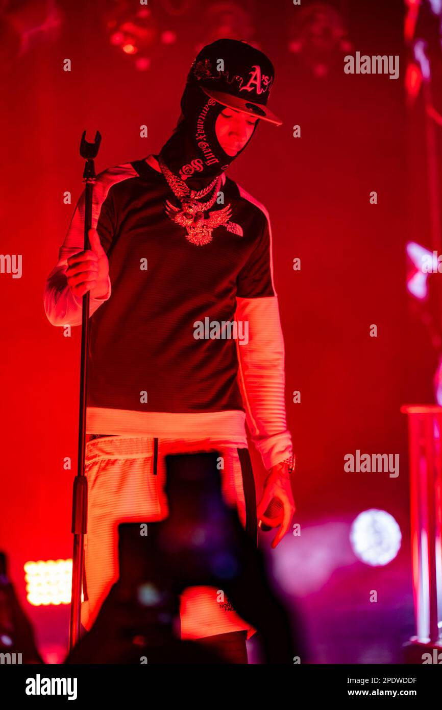 March 14, 2023, Italy: Italian rap/hip hop singer Shiva during the Milano  Demons Live Tour concert, held at the Orion live club in Rome, Italy on  March 14, 2023, Claudio Enea/Sport Reporter. (