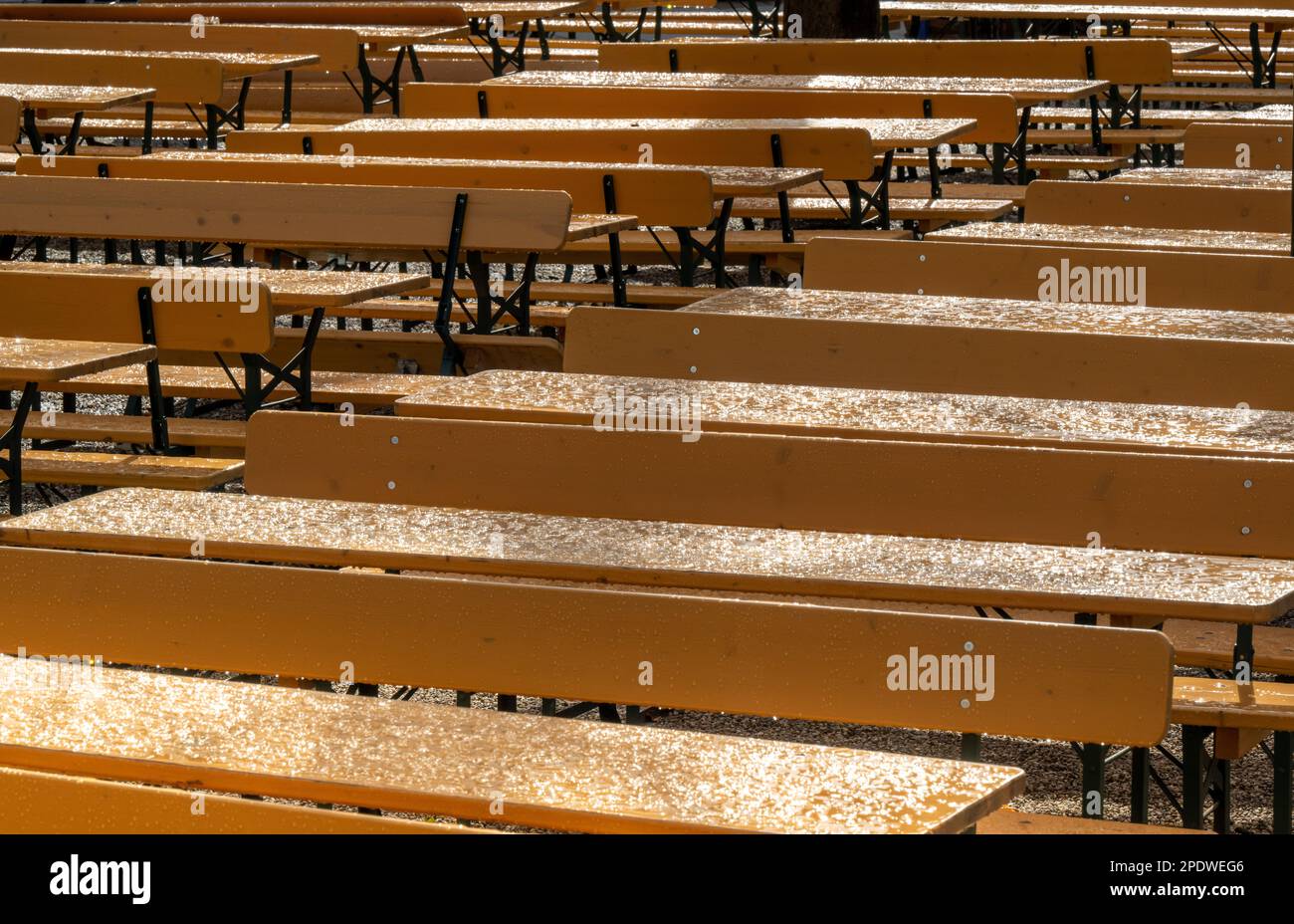 Munich, Germany. 15th Mar, 2023. Empty yellow beer benches and tables
