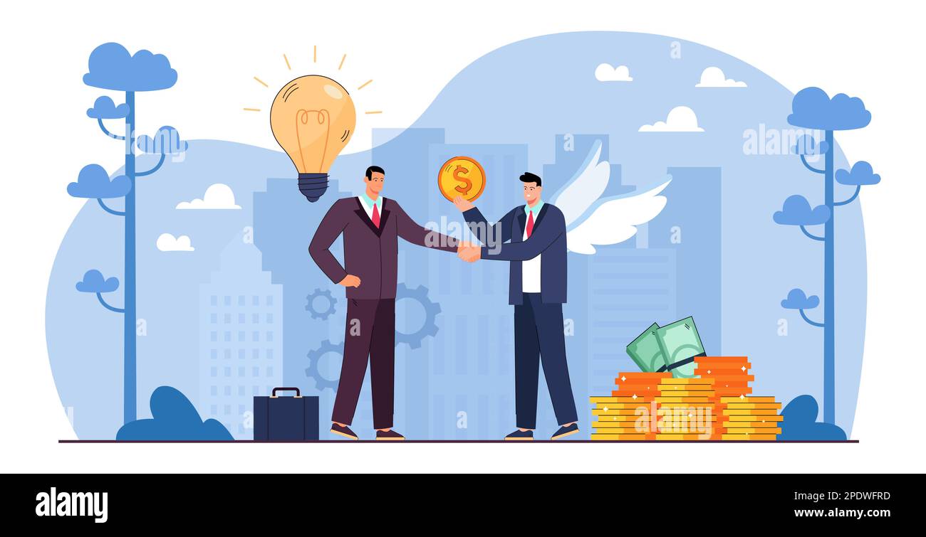 Sponsor with angel wings giving financial support to businessman Stock