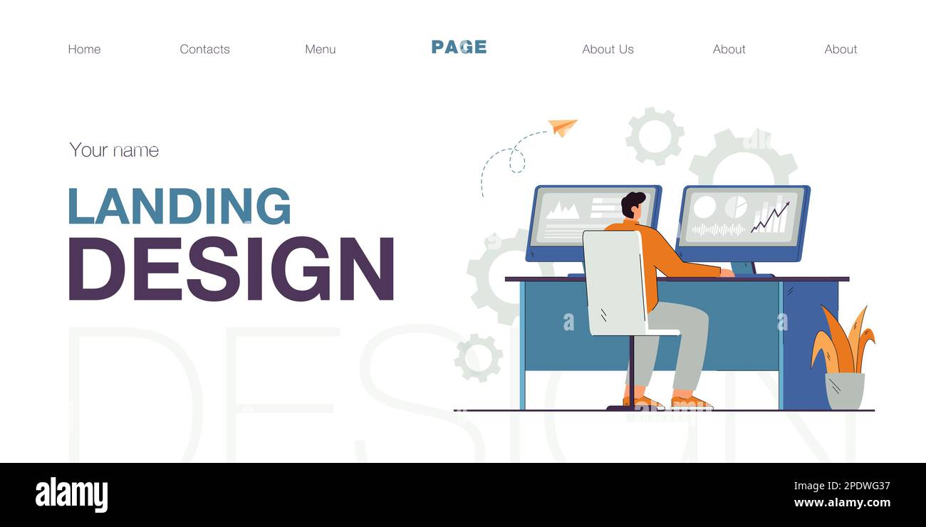 Flat vector illustration of stock trader working on computer Stock Vector