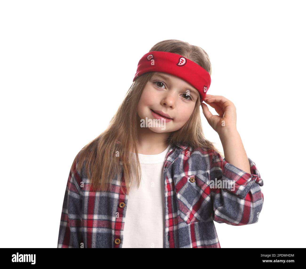 Cute little girl wearing stylish bandana on white background Stock