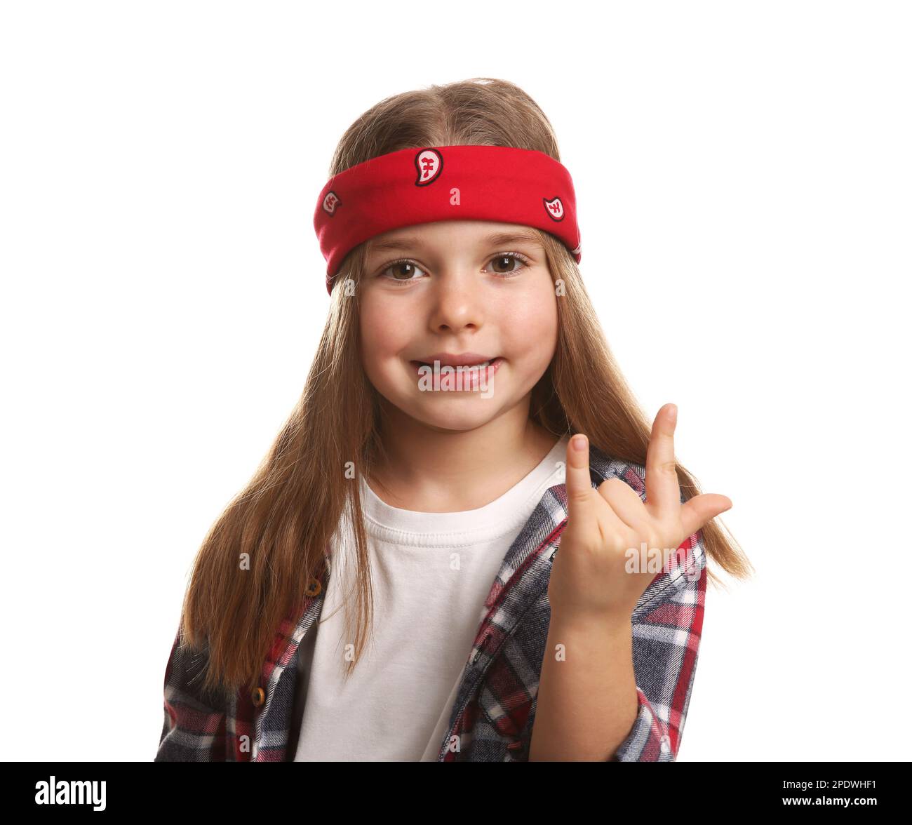 Cute little girl wearing stylish bandana on white background Stock