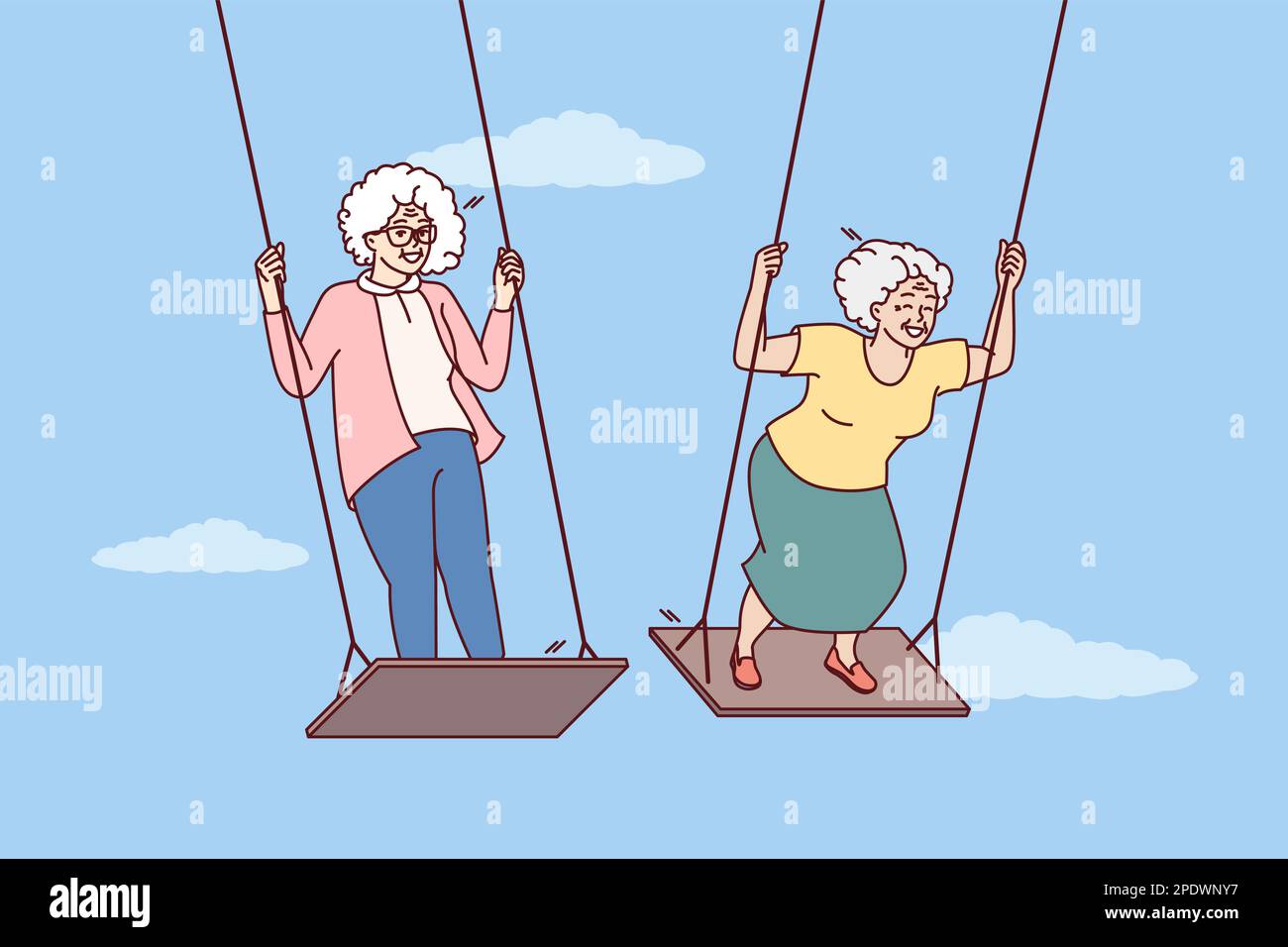 Two elderly women enjoy swinging and enjoying happy old age and not having to go to work. Carefree gray-haired female of retirement age remembers entertainment from youth and does not want to grow old Stock Vector