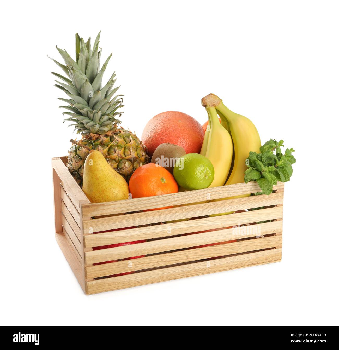 Wooden crate with different ripe fruits on white background Stock Photo
