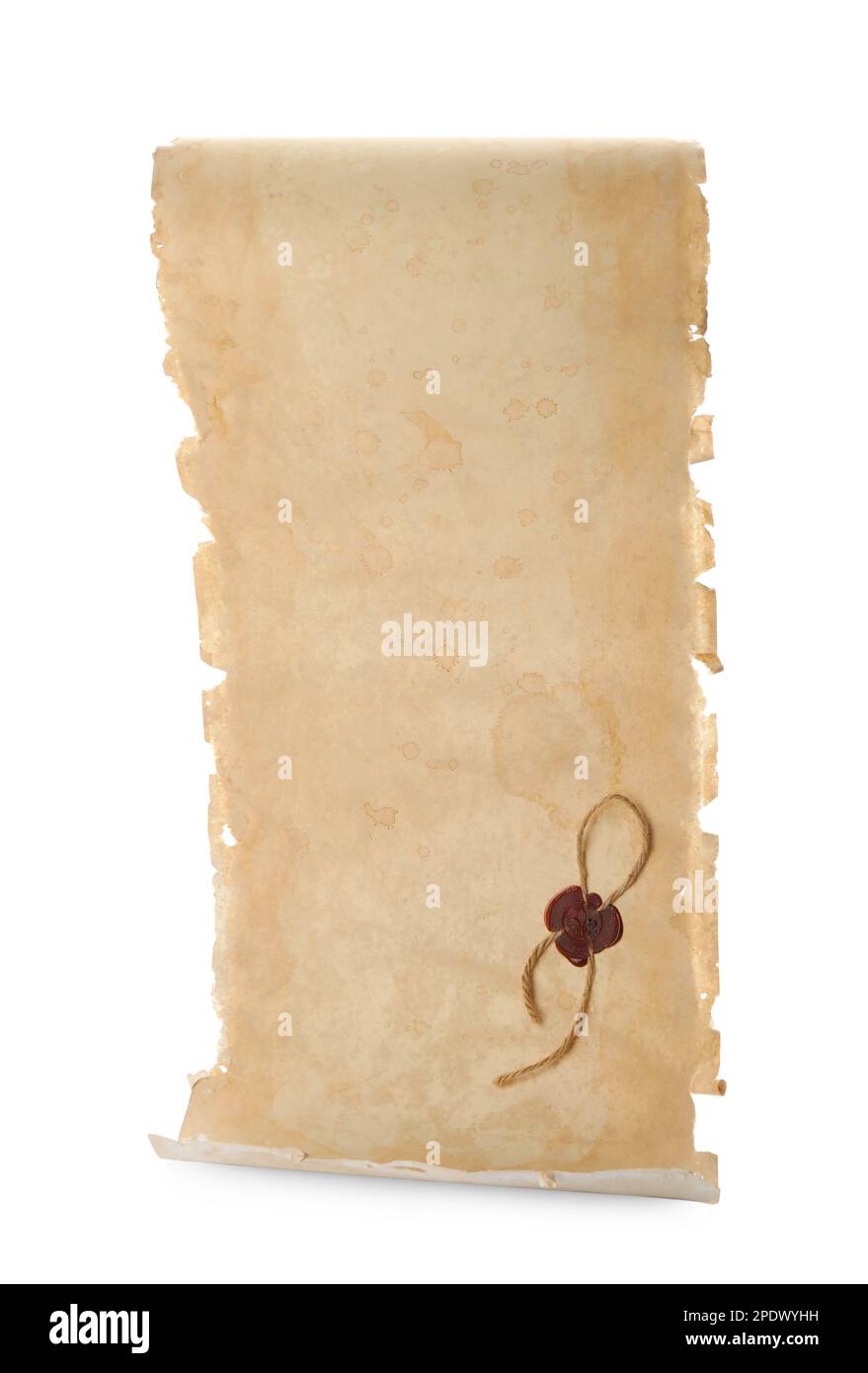 Sheet of old parchment paper with wax stamp isolated on white. Space