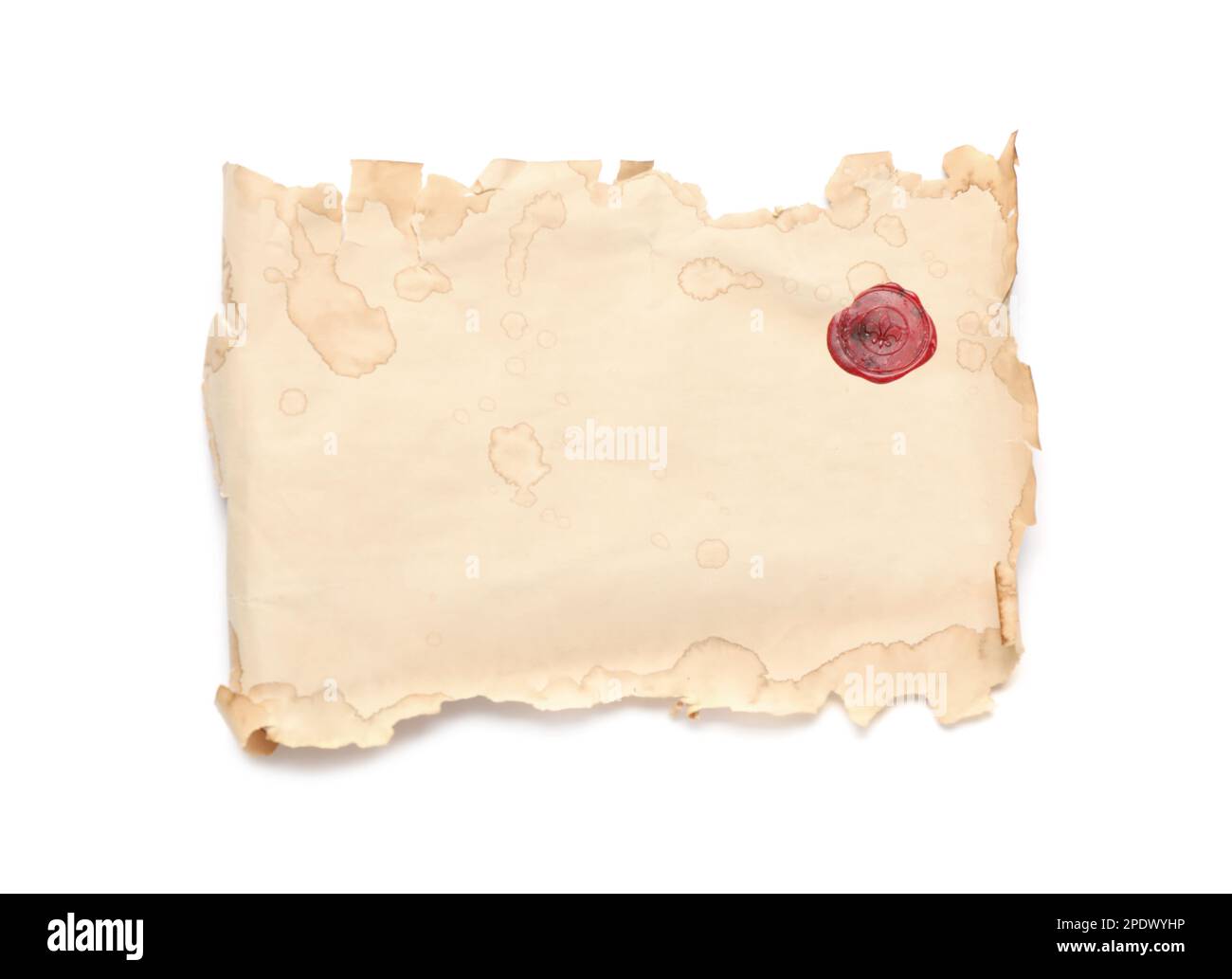 Sheet of old parchment paper with wax stamp isolated on white, top view