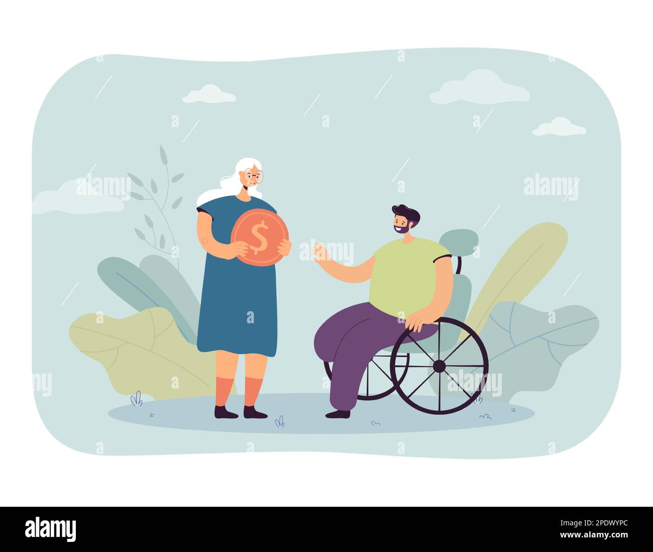 Elderly woman giving money to man in wheelchair Stock Vector