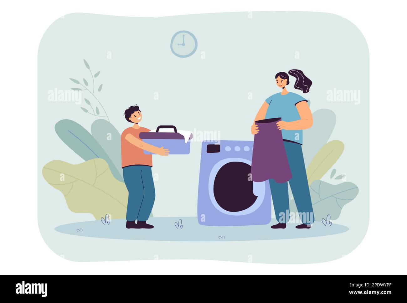 Son with clothes basket stretching it to mother doing laundry Stock ...